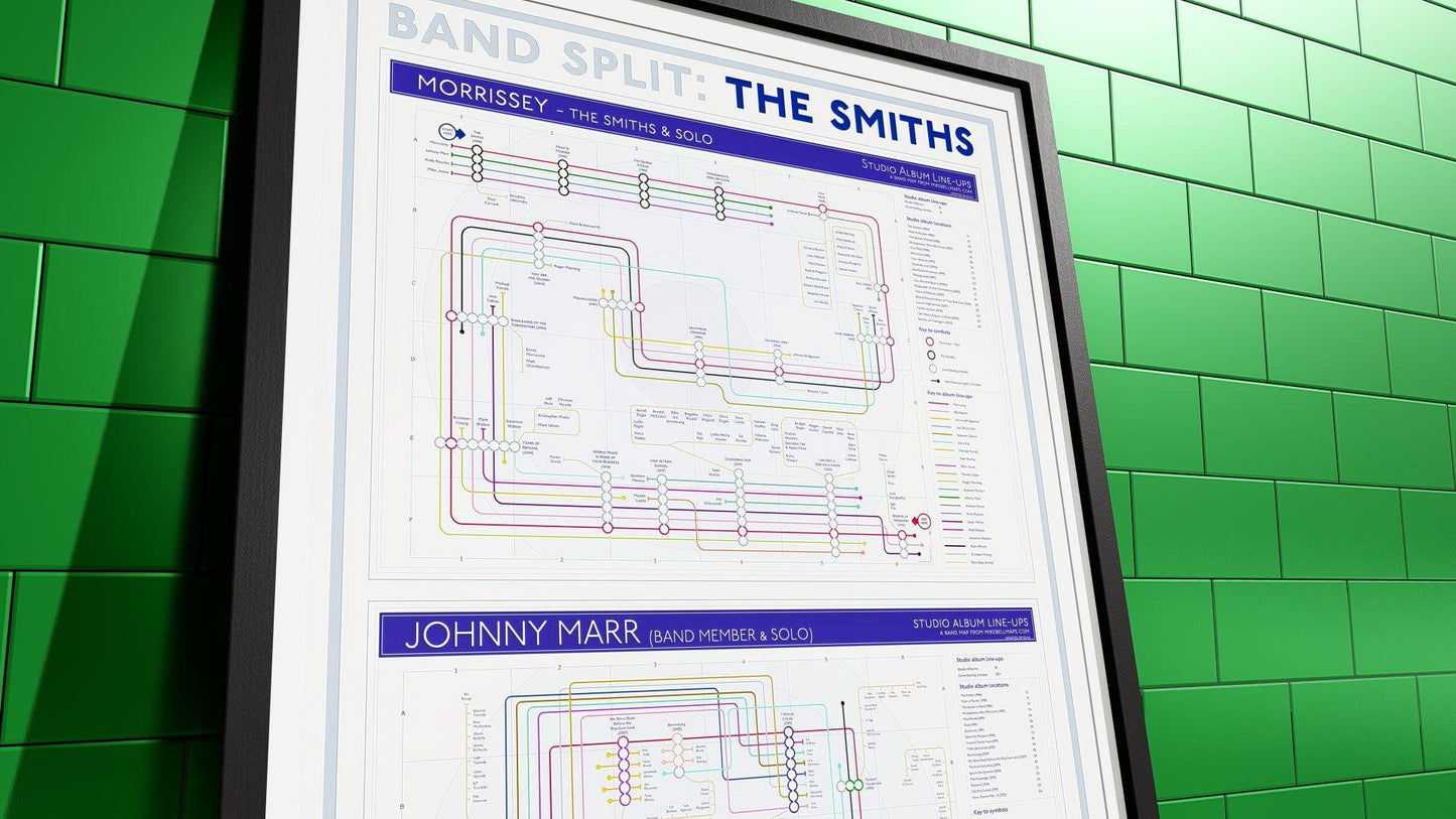 Tube map-style chart visualizing The Smiths' breakup and the musical paths of Morrissey and Johnny Marr.