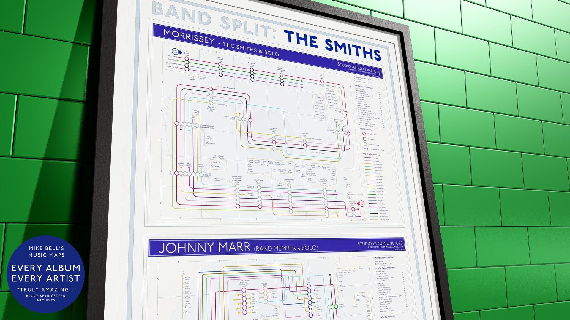 Tube map-style chart visualizing The Smiths' breakup and the musical paths of Morrissey and Johnny Marr.