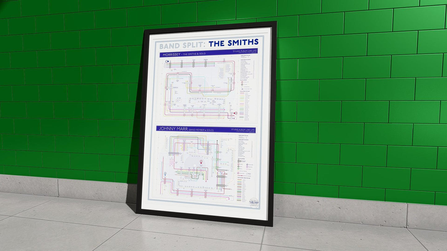 Close-up of a music-themed diagram detailing the post-Smiths careers of Morrissey and Johnny Marr.