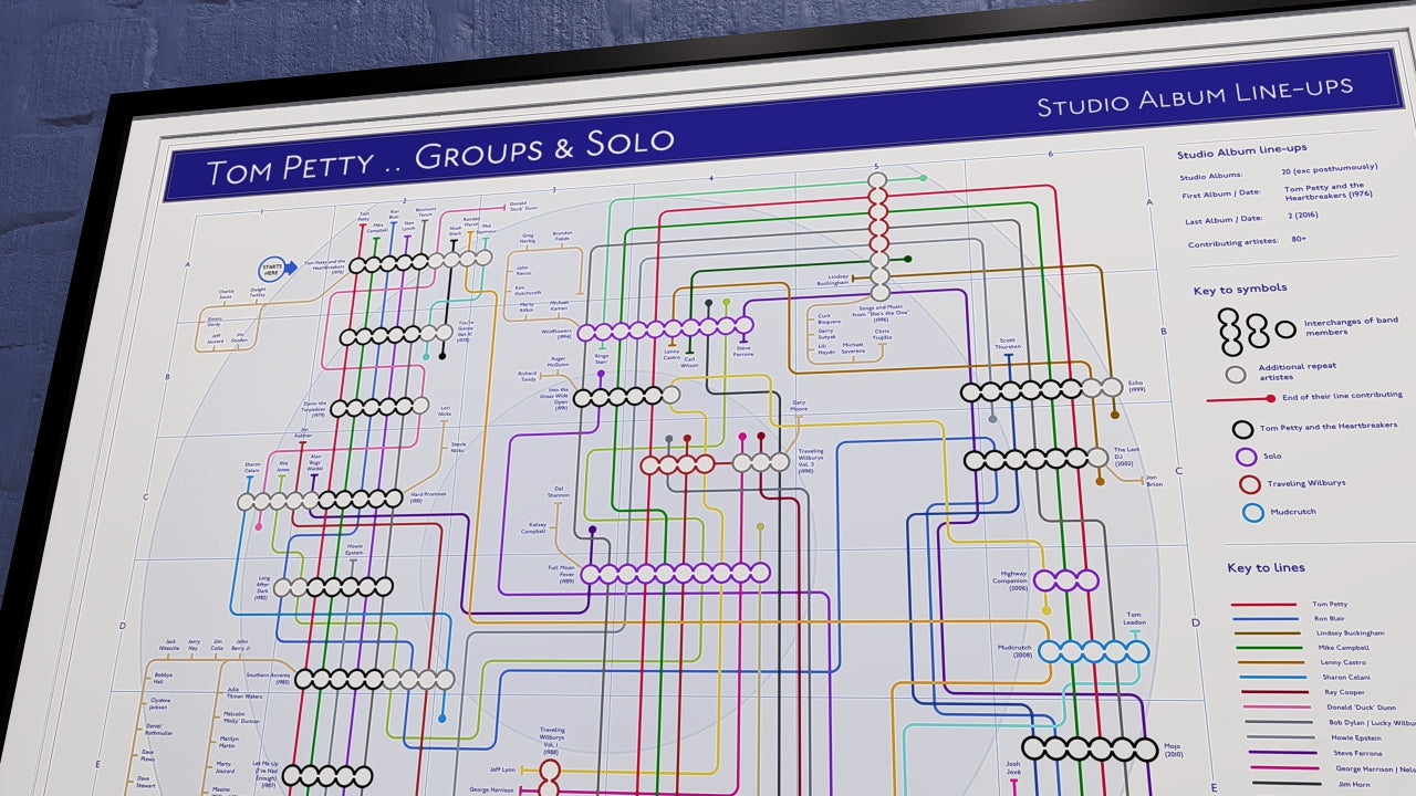 Tom Petty unique art print of music maps.