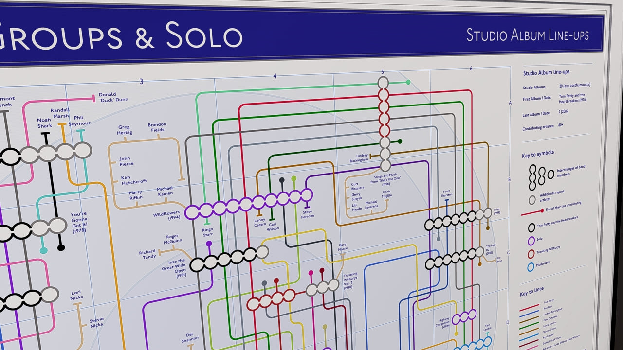 Tom Petty art print of unique music maps, a great gift for fans of the musician's records and gigs.