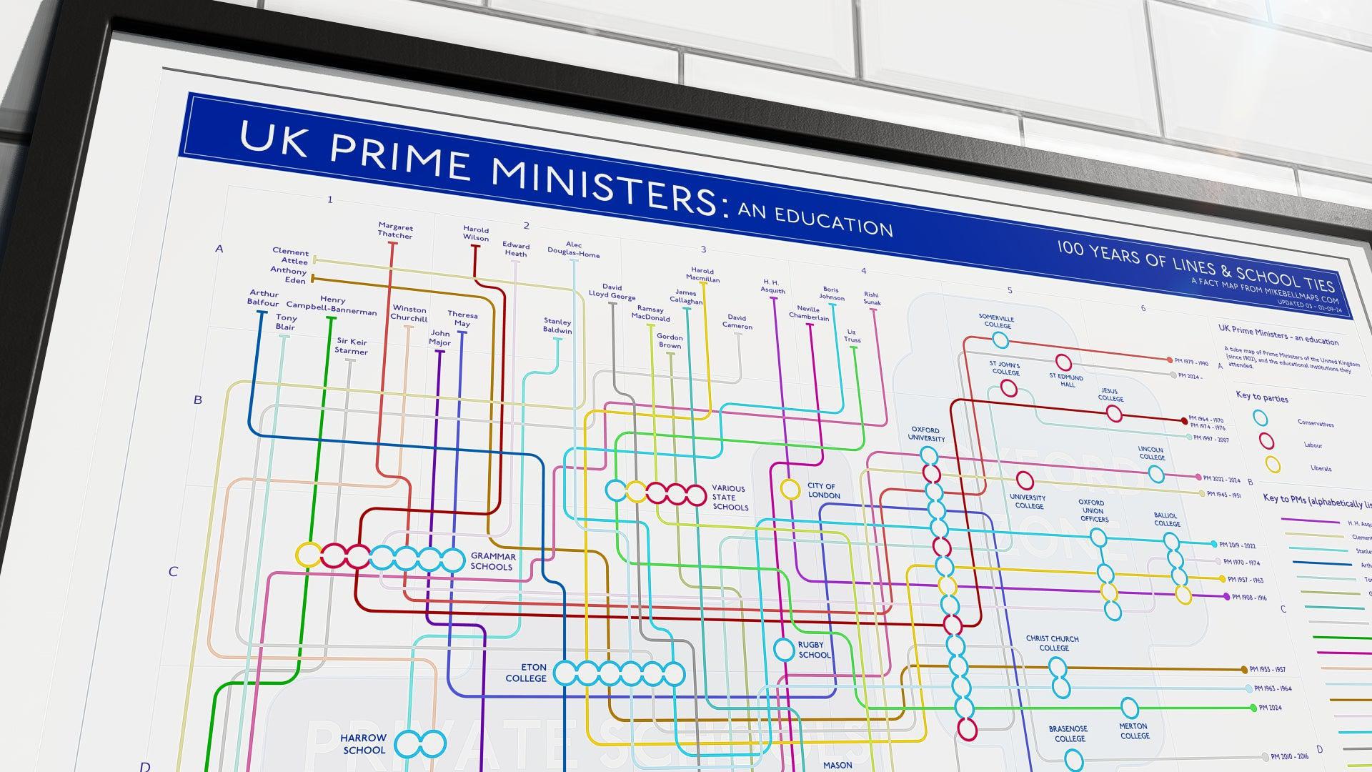 A framed print of the "UK Prime Ministers: An Education" map, displayed on a tiled wall, visually charting the educational history of UK leaders.