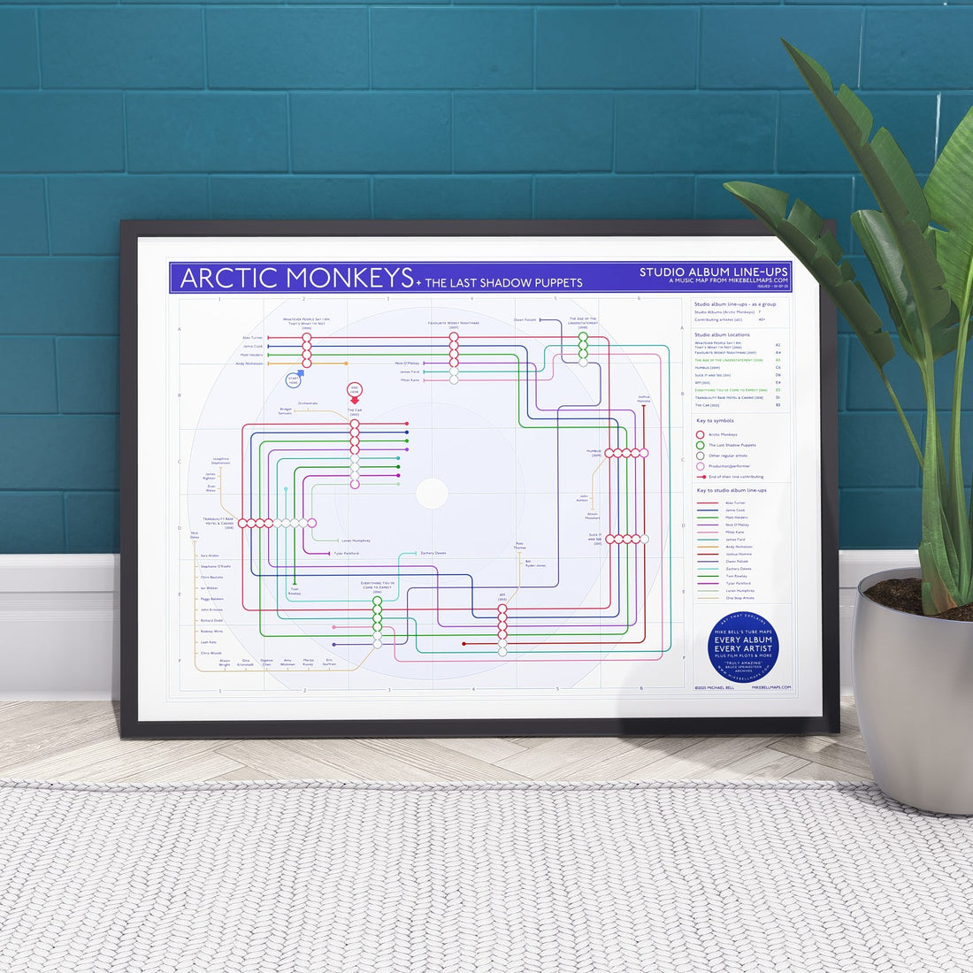 Gift for Arctic Monkeys fans - A1 (594x841mm, 24x36in) framed Giclée discography tube map wall art print, designed by Mike Bell.