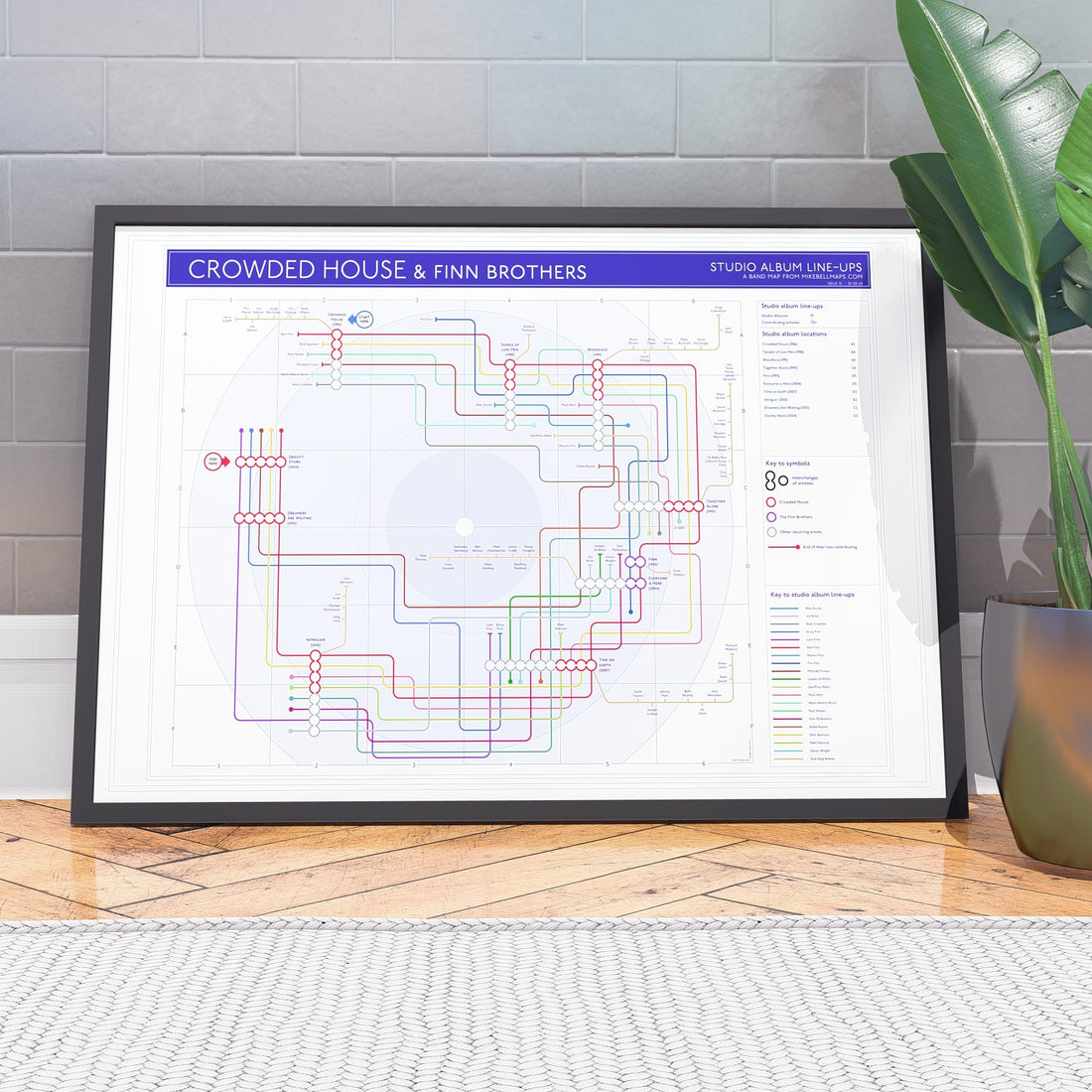 Gift for Crowded House fans - A1 (594x841mm, 24x36in) framed Giclée discography tube map wall art print, designed by Mike Bell.