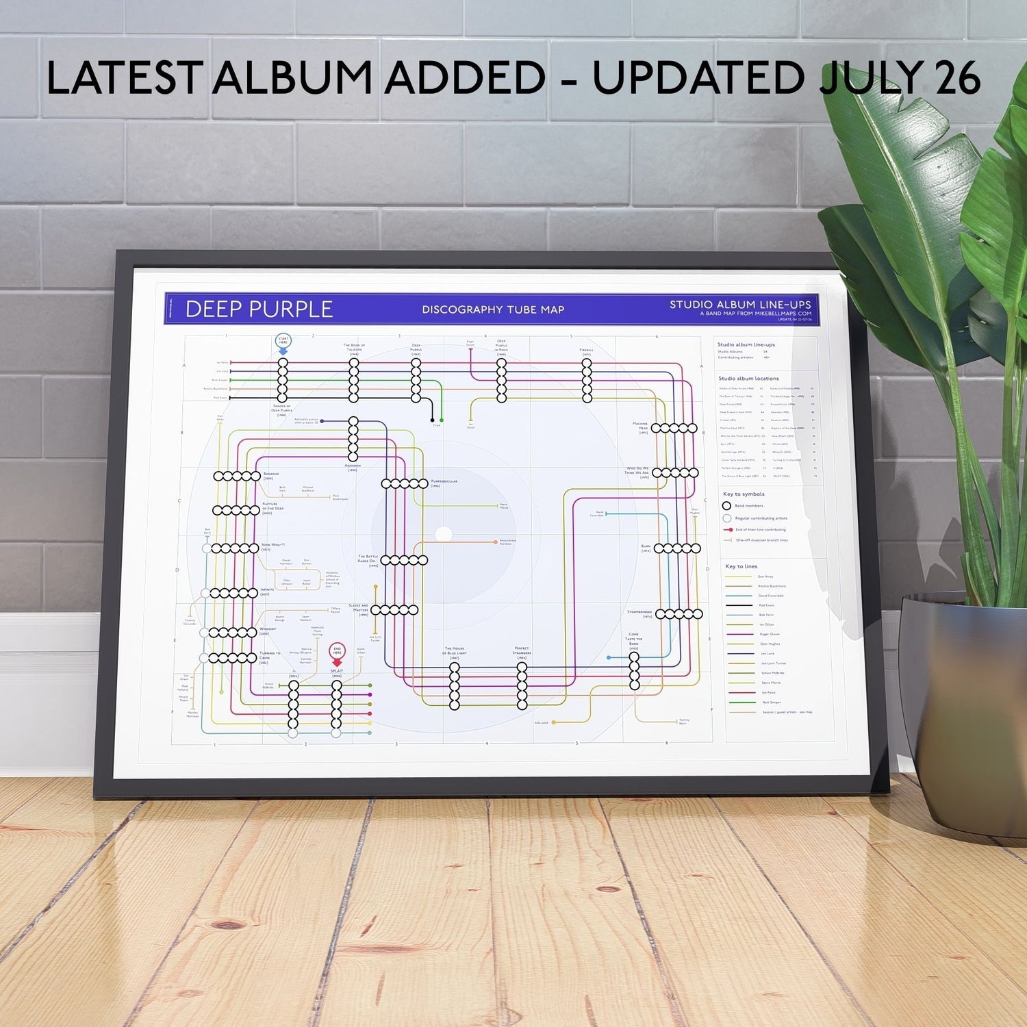 Gift for Deep Purple fans - A1 (594x841mm, 24x36in) framed Giclée discography tube map wall art print, designed by Mike Bell.