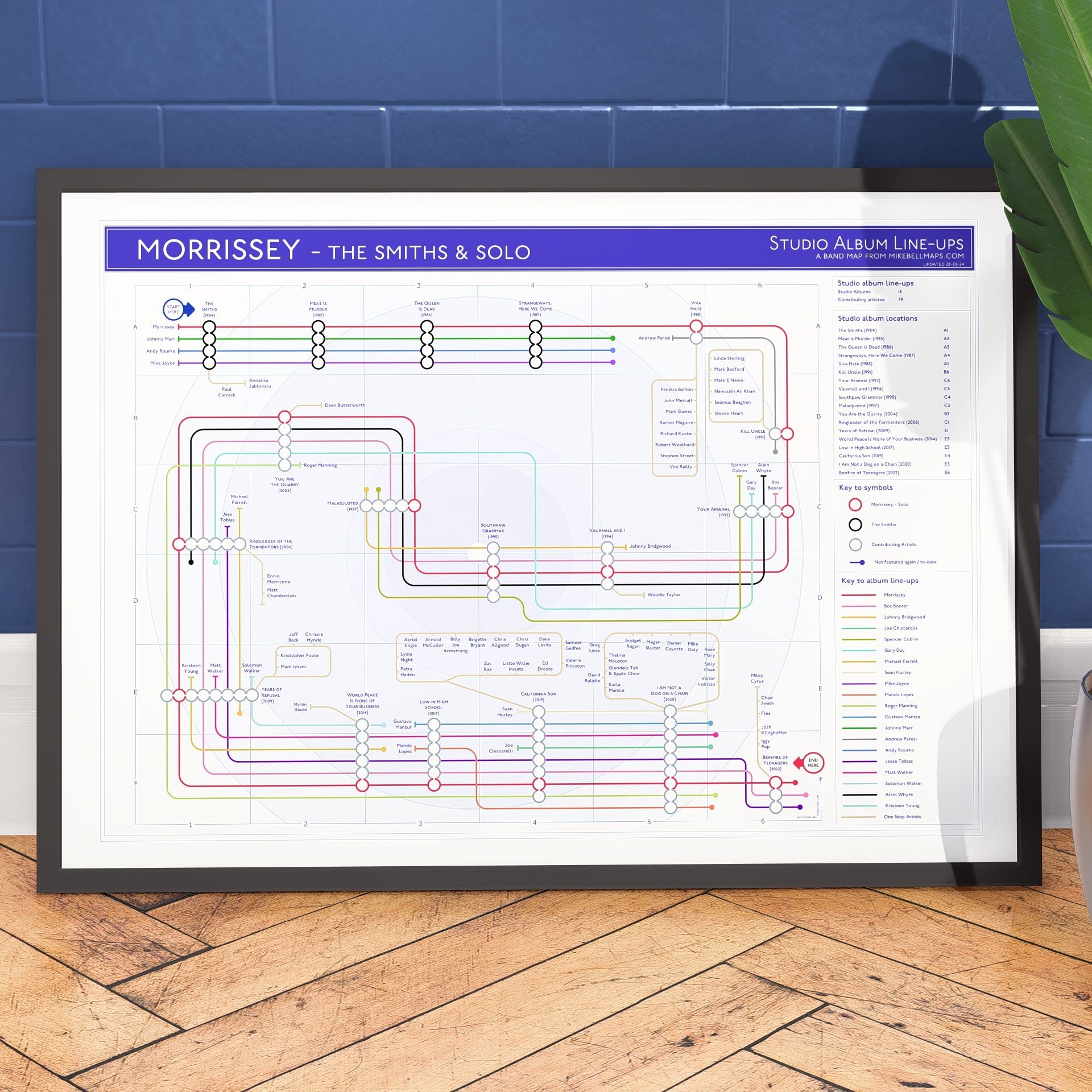 Gift for Morrissey fans - A1 (594x841mm, 24x36in) framed Giclée discography tube map wall art print, designed by Mike Bell.