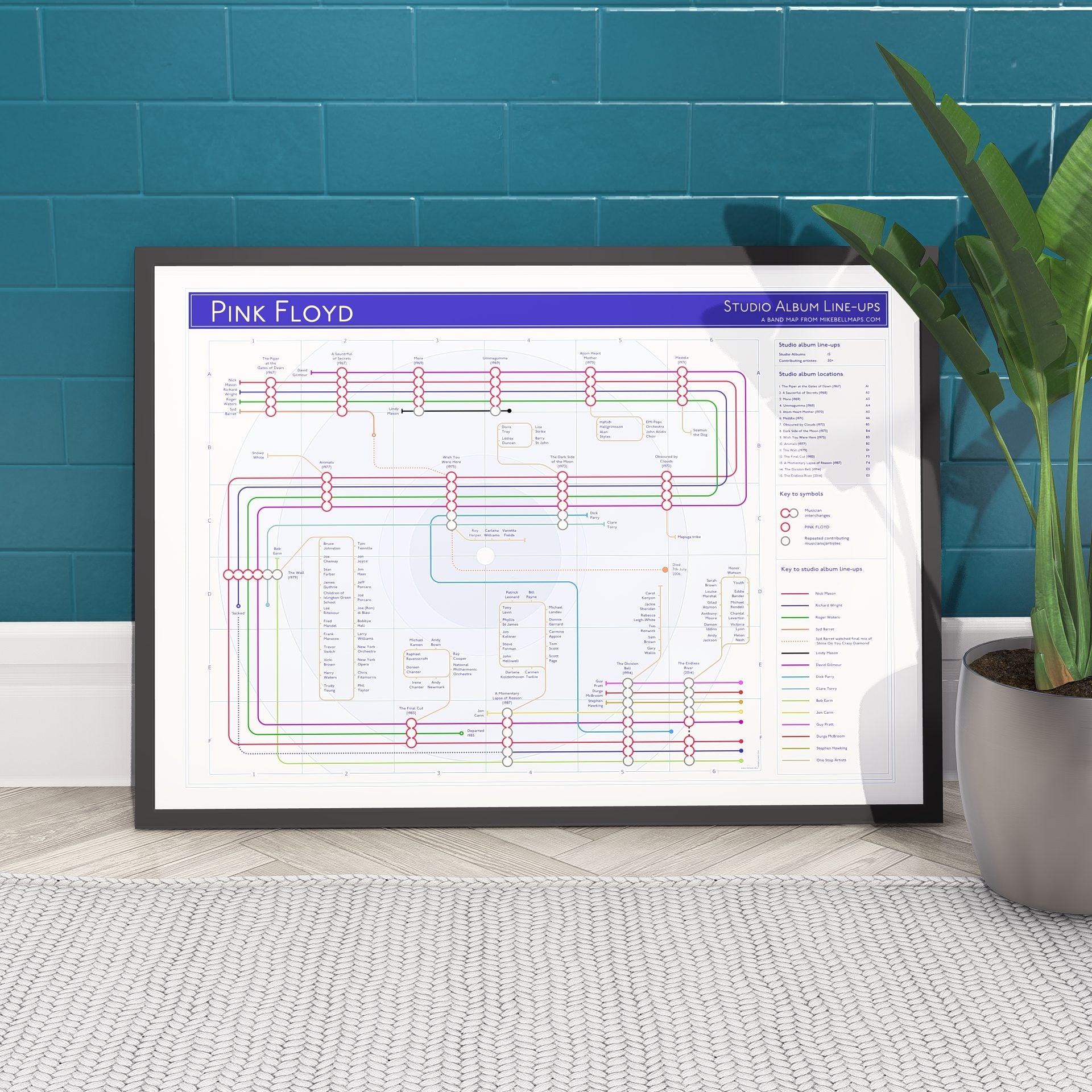 Gift for Pink Floyd fans - A1 (594x841mm, 24x36in) framed Giclée discography tube map wall art print, designed by Mike Bell.