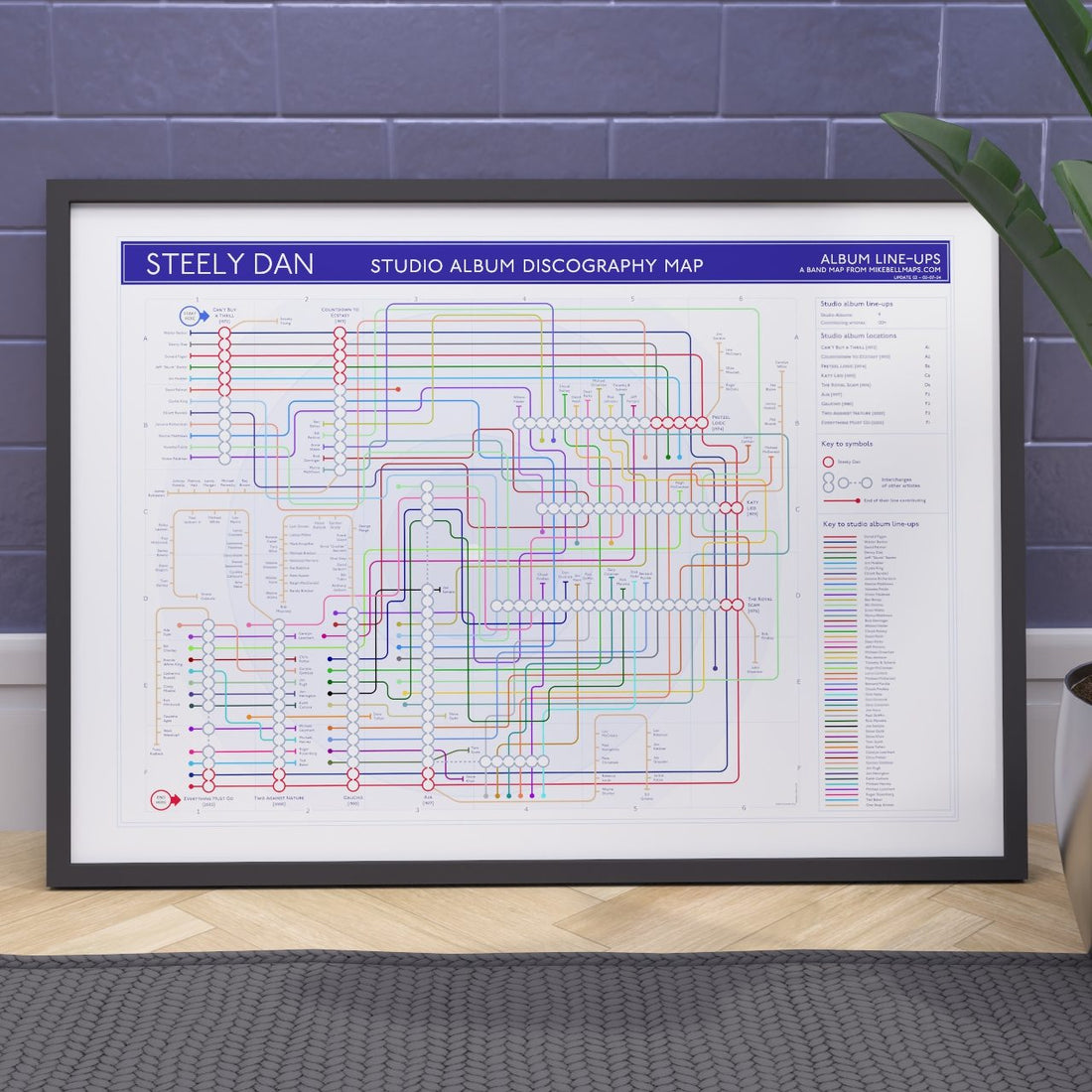 Gift for Steely Dan fans - A1 (594x841mm, 24x36in) framed Giclée discography tube map wall art print, designed by Mike Bell.