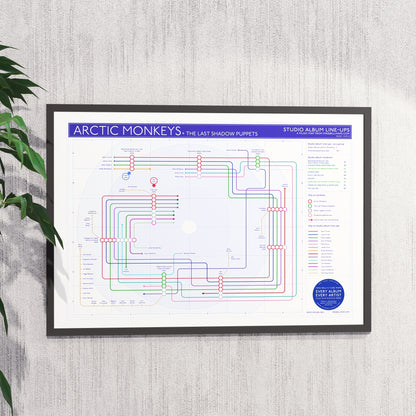 Ideal gift for Arctic Monkeys fans - A1 framed Giclée discography tube map hung on a wall, designed by Mike Bell.