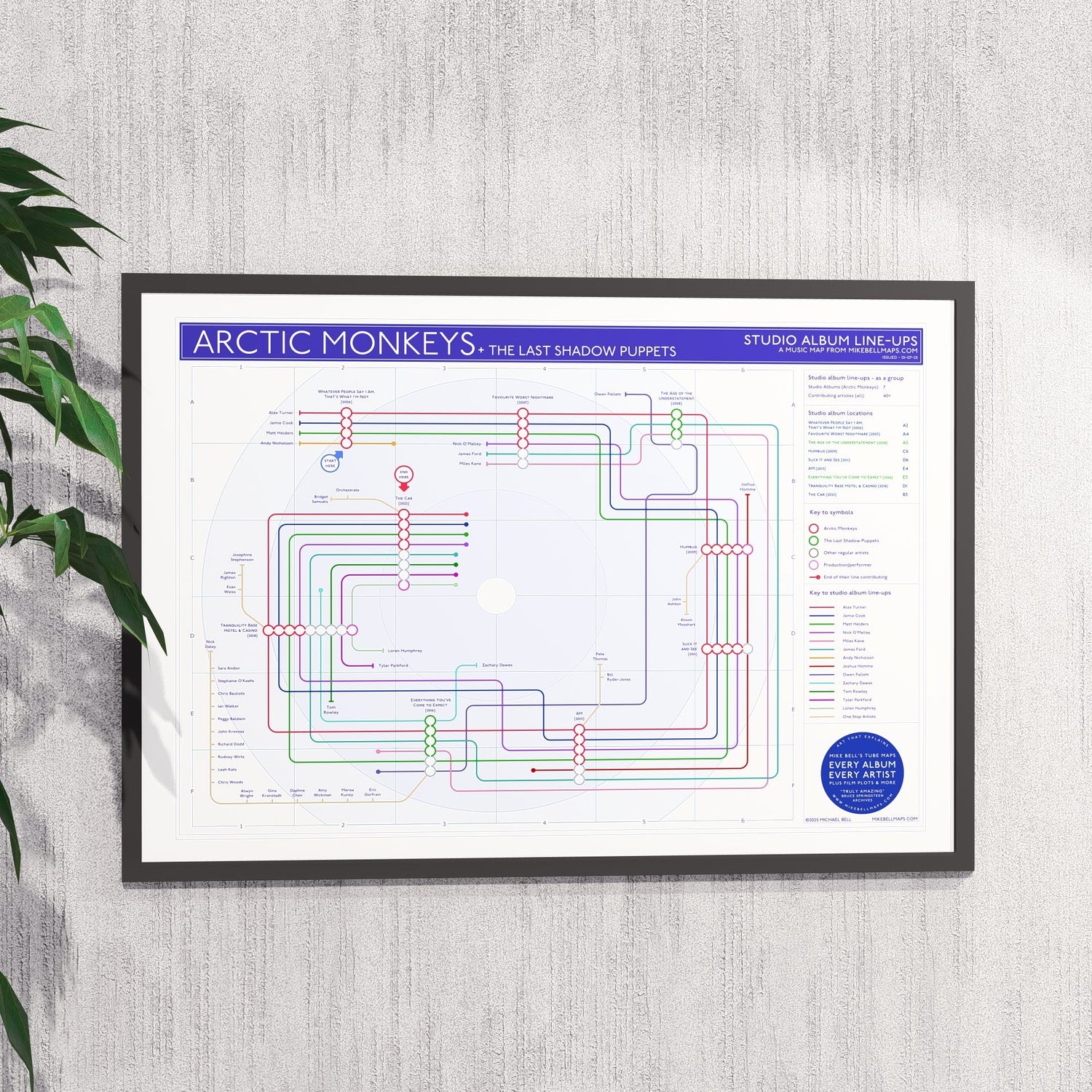 Ideal gift for Arctic Monkeys fans - A1 framed Giclée discography tube map hung on a wall, designed by Mike Bell.