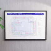 Ideal gift for Arctic Monkeys fans - A1 framed Giclée discography tube map hung on a wall, showing every studio album from Whatever People Say I Am (2006) to The Car (2022), designed by Mike Bell at mikebellmaps.com.