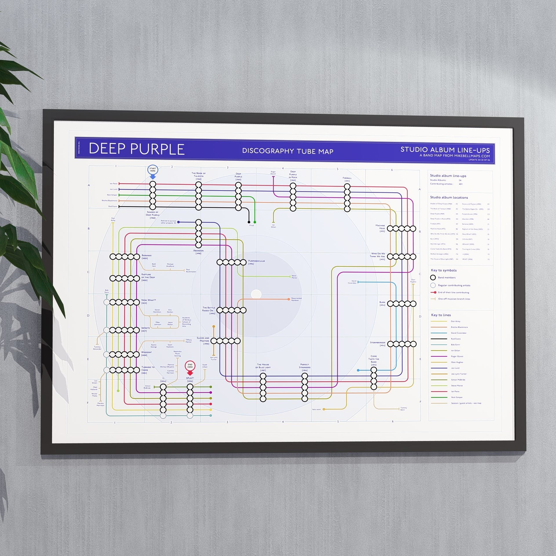 Ideal gift for Deep Purple fans - A1 framed Giclée discography tube map hung on a wall, designed by Mike Bell.