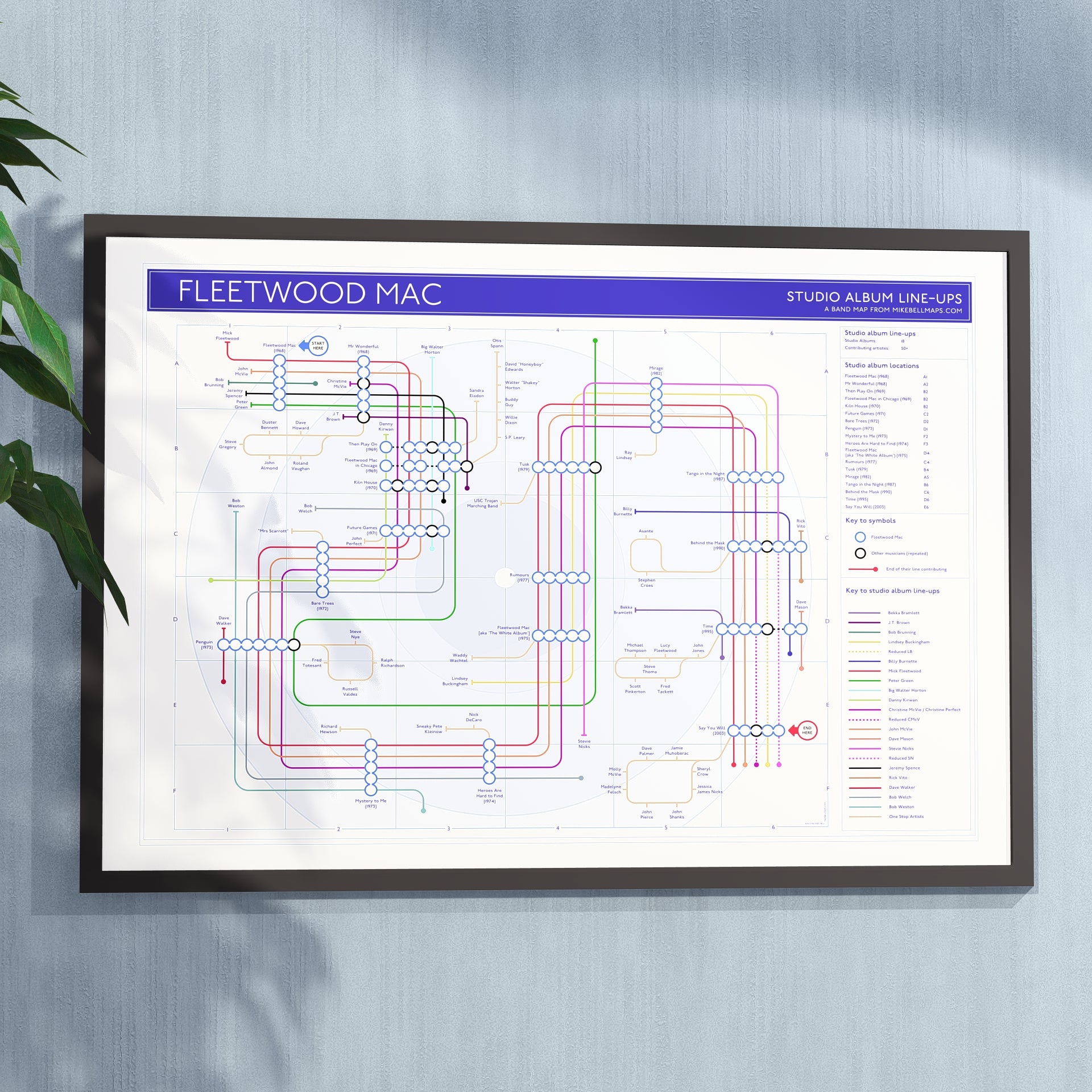 Ideal gift for Fleetwood Mac fans - A1 framed Giclée discography tube map hung on a wall, designed by Mike Bell.