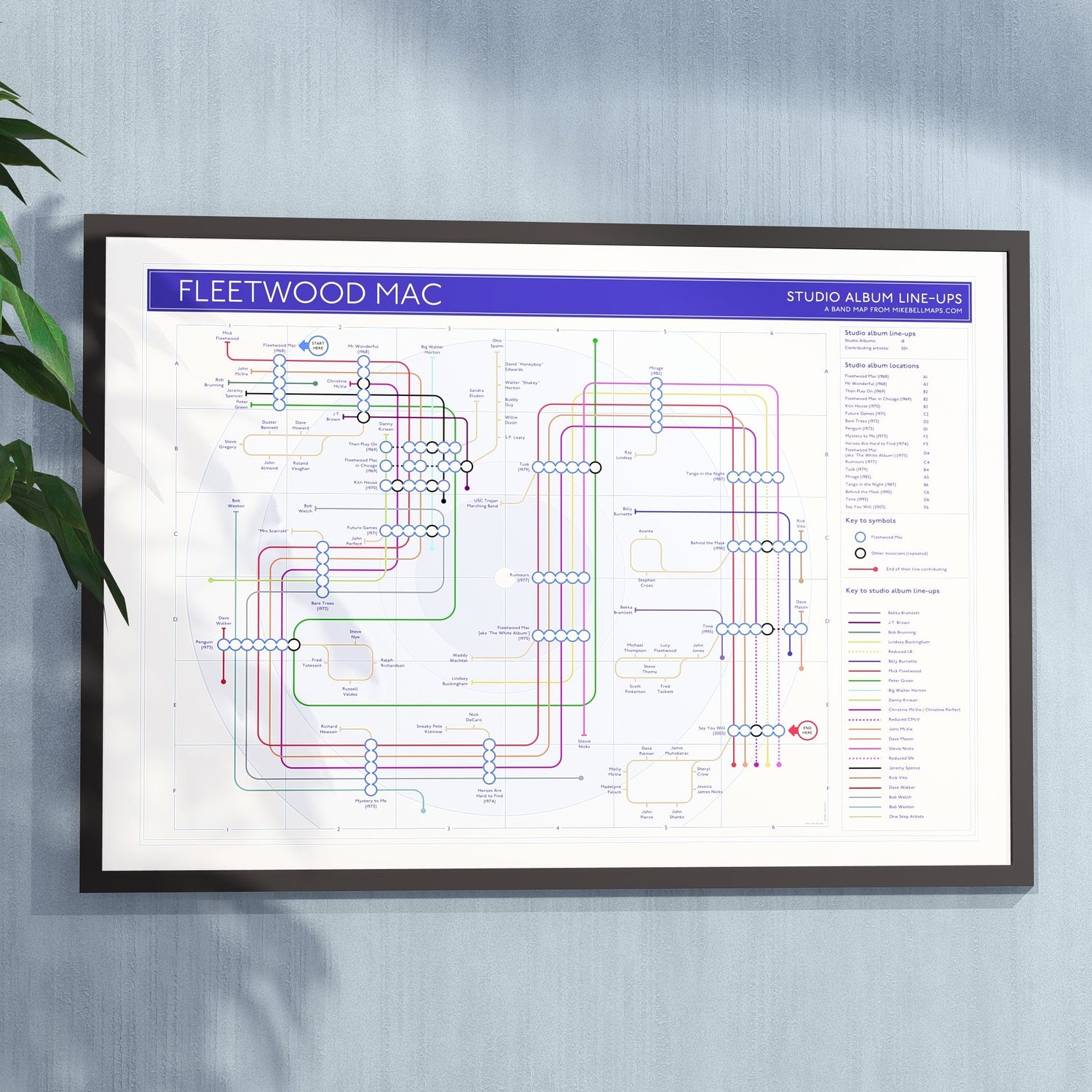 Ideal gift for Fleetwood Mac fans - A1 framed Giclée discography tube map hung on a wall, designed by Mike Bell.