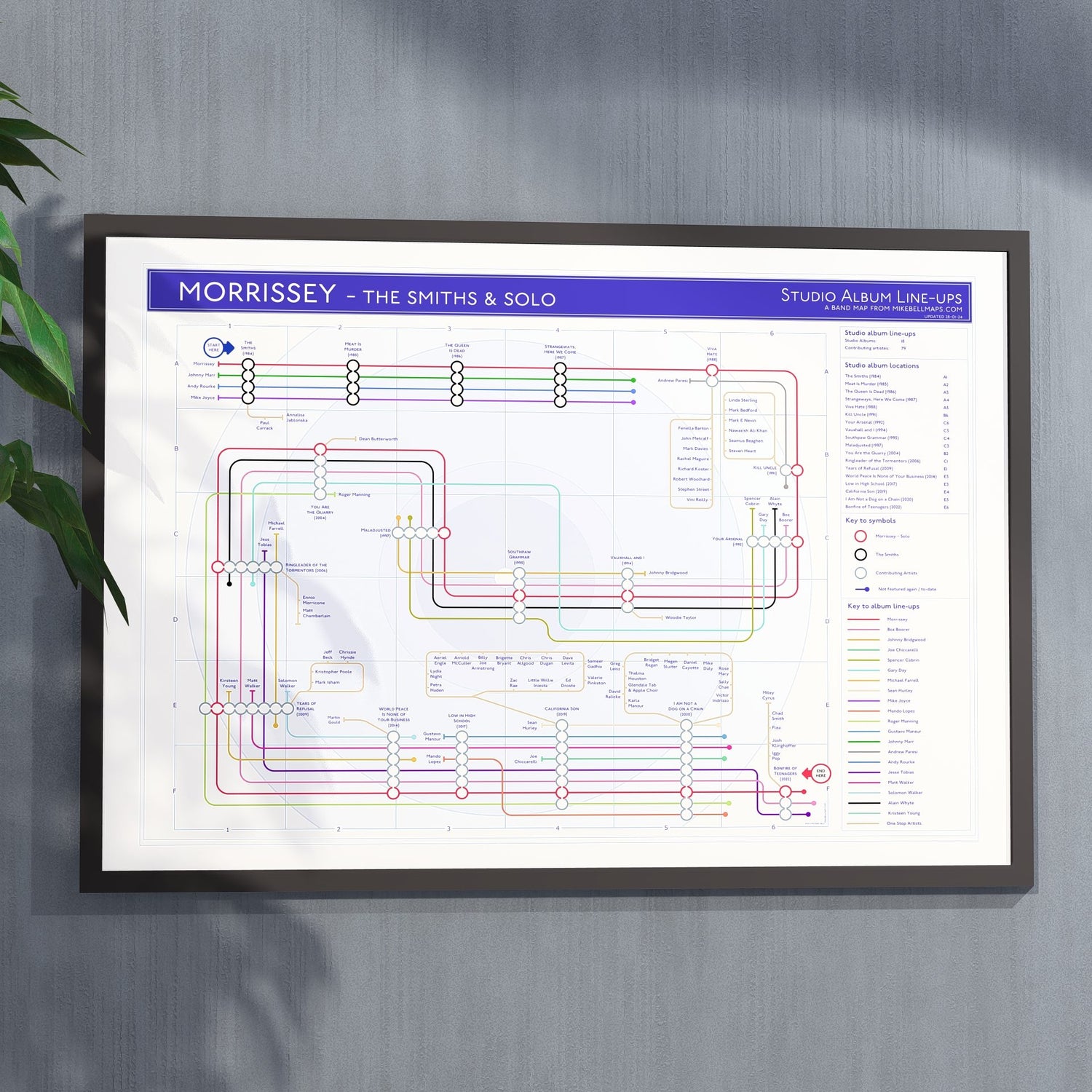 Ideal gift for Morrissey fans - A1 framed Giclée discography tube map hung on a wall, designed by Mike Bell.