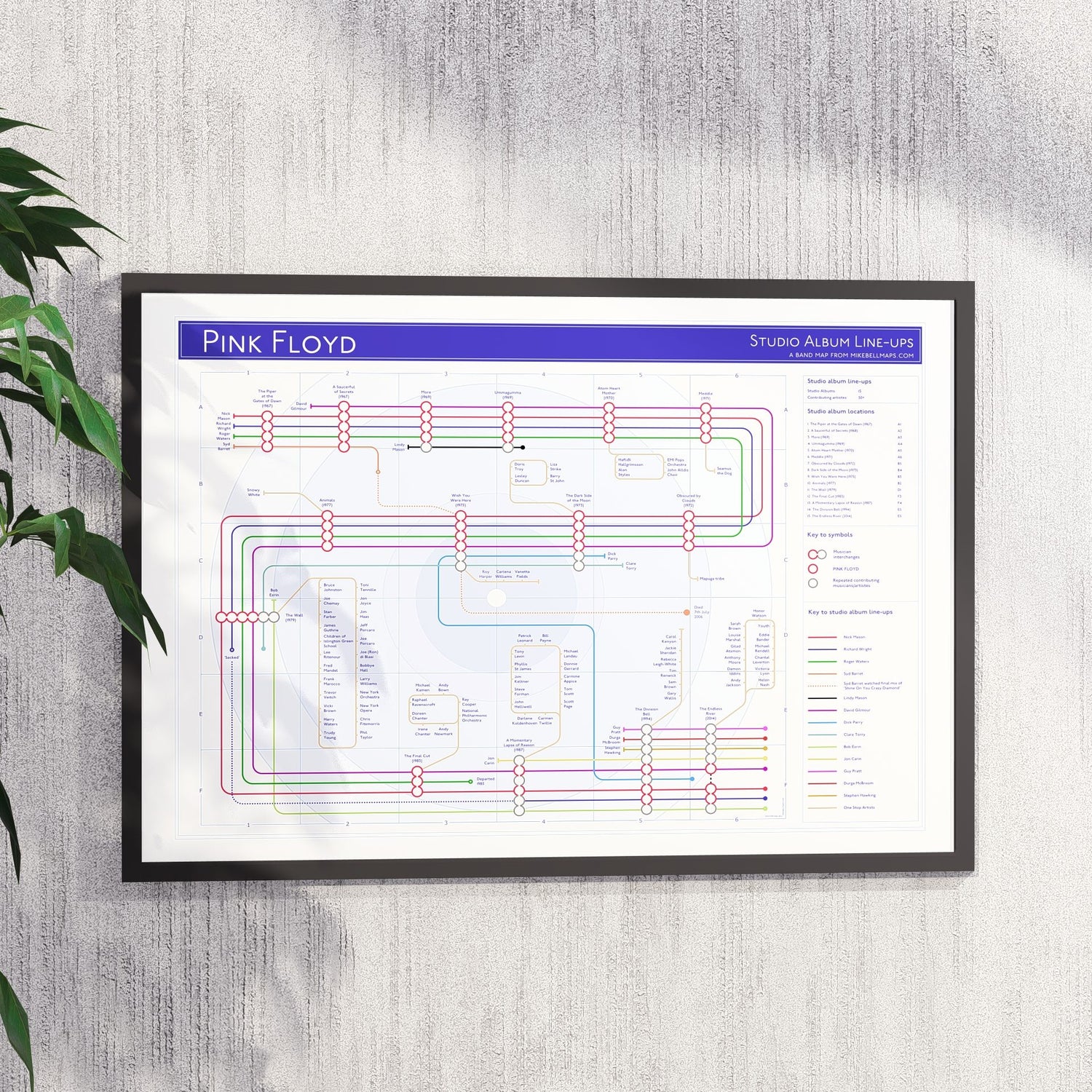 Ideal gift for Pink Floyd fans - A1 framed Giclée discography tube map hung on a wall, designed by Mike Bell.