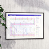 Pink Floyd discography tube map hung in an A1 black wooden frame on a plain wall, landscape Giclée wall art print, designed by Mike Bell.