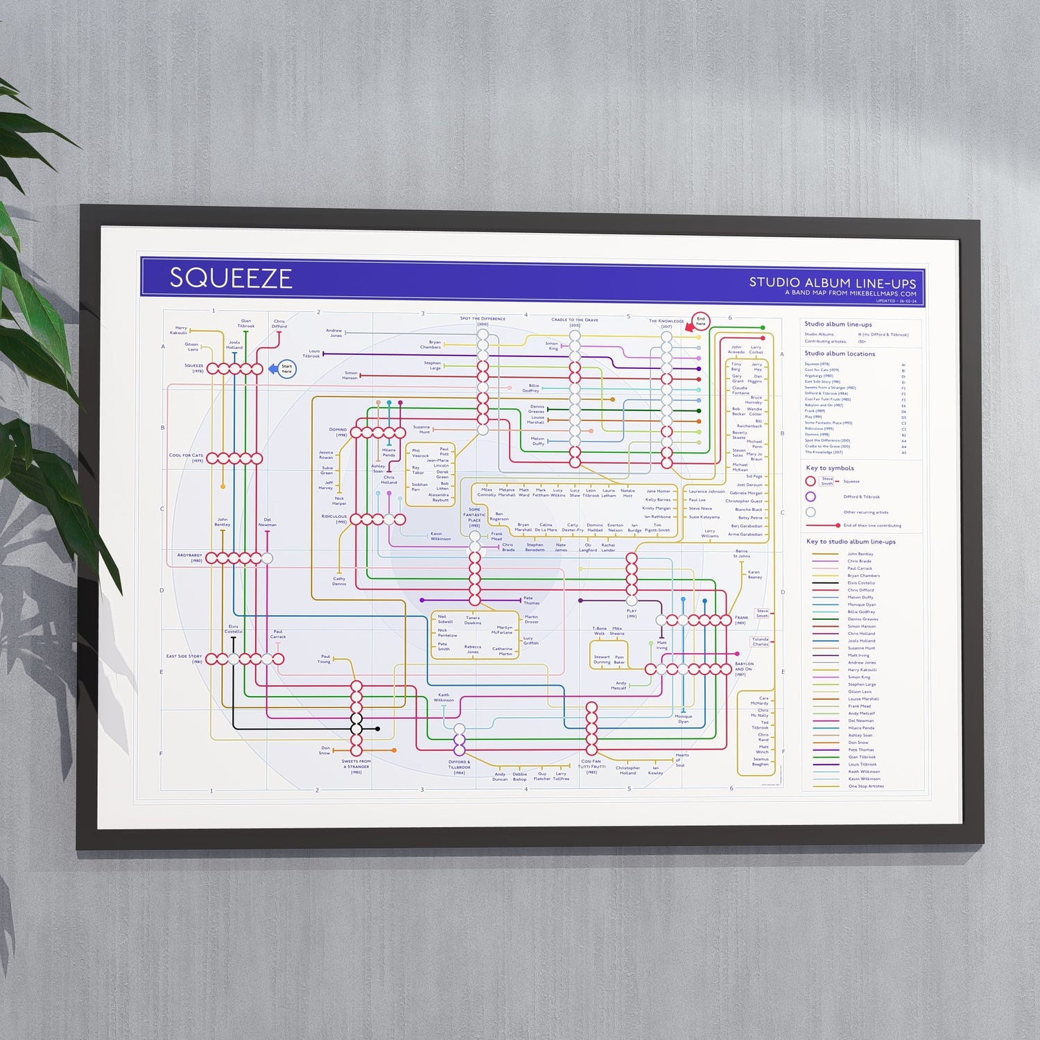 Ideal gift for Squeeze fans - A1 framed Giclée discography tube map hung on a wall, designed by Mike Bell.