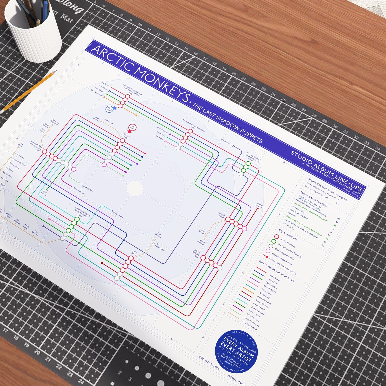 Gift for Arctic Monkeys fans - A1 (594x841mm, 24x36in) unframed Giclée discography tube map wall art print, designed by Mike Bell.
