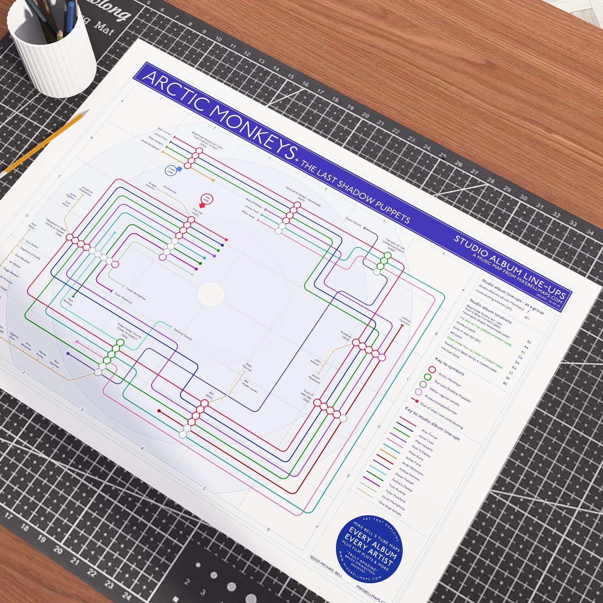Gift for Arctic Monkeys fans - A1 (594x841mm, 24x36in) unframed Giclée discography tube map wall art print, designed by Mike Bell.