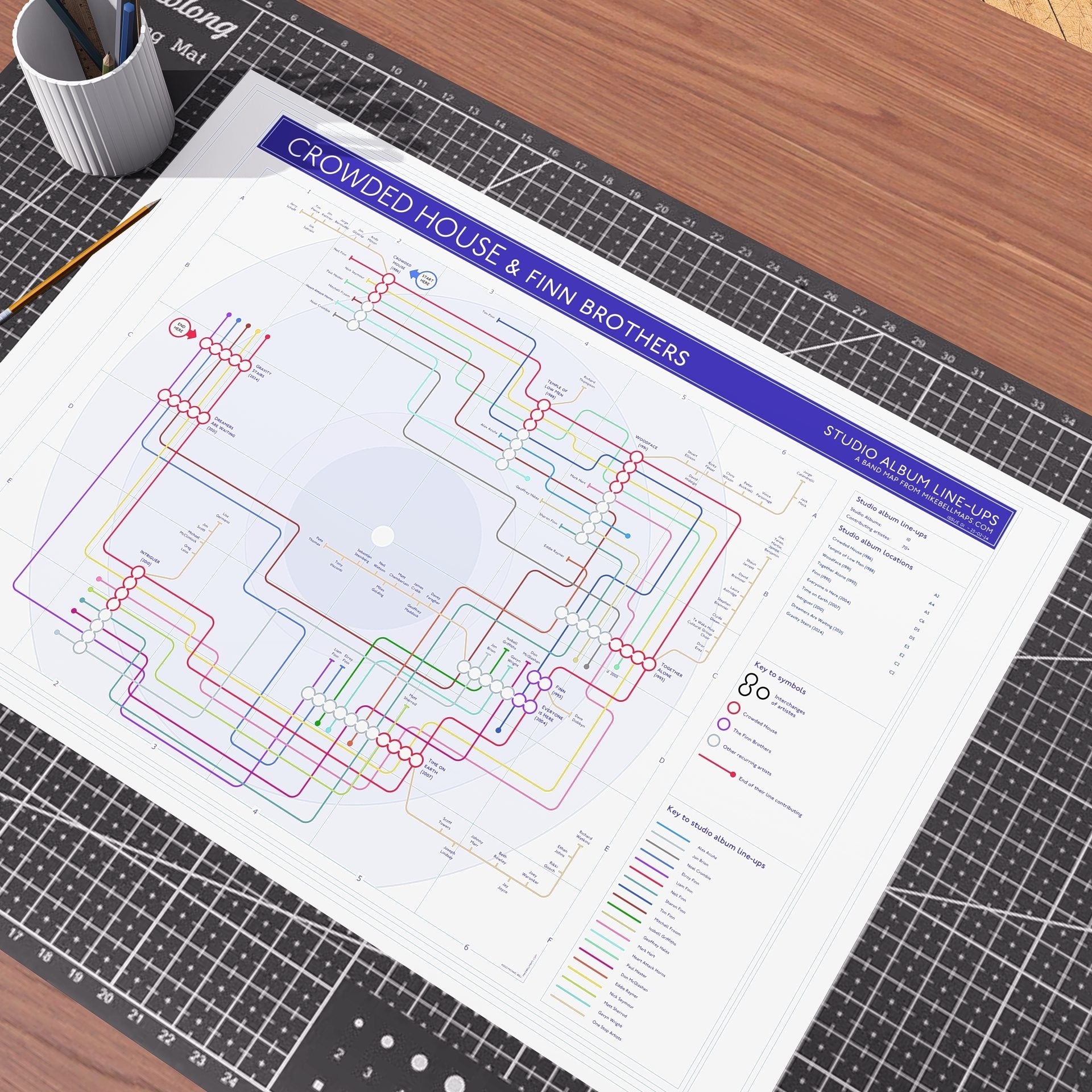 Crowded House discography tube map in A1 (594x841mm, 24x36in) unframed, Giclée art print on 230gsm textured matte fine art paper, by Mike Bell.