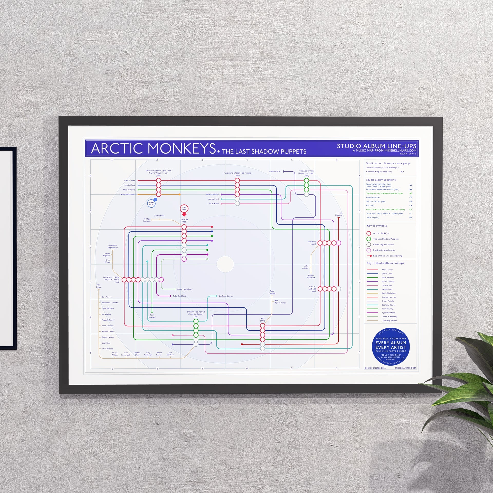 Gift for Arctic Monkeys fans - A2 (420x594mm, 18x24in) framed Giclée discography tube map wall art print, designed by Mike Bell.