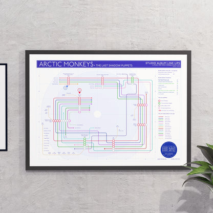 Gift for Arctic Monkeys fans - A2 (420x594mm, 18x24in) framed Giclée discography tube map wall art print, designed by Mike Bell.