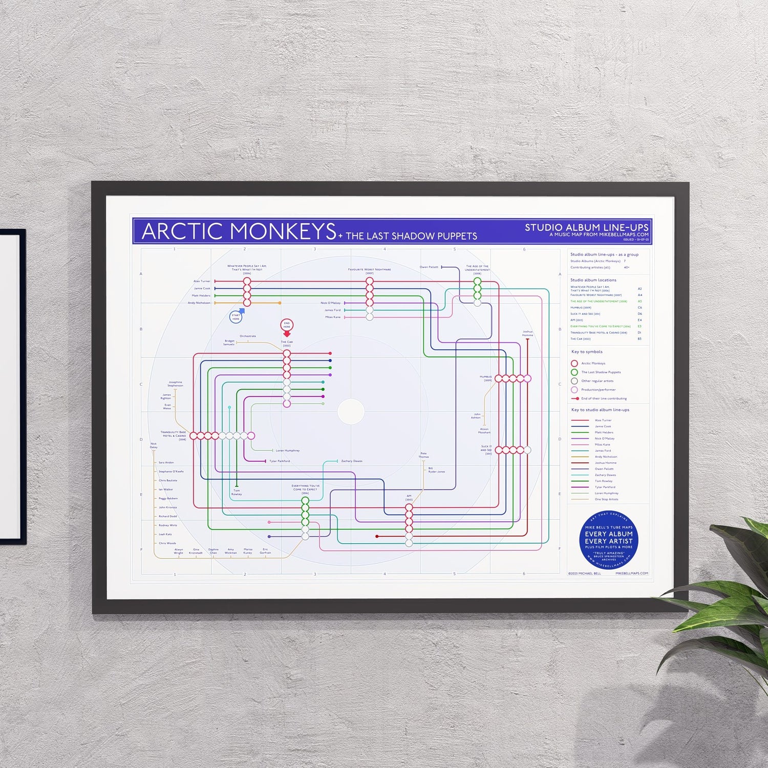 Gift for Arctic Monkeys fans - A2 (420x594mm, 18x24in) framed Giclée discography tube map wall art print, designed by Mike Bell.