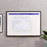 Arctic Monkeys discography tube map in A2 (420x594mm, 18x24in), framed Giclée wall art print in a black wooden frame, designed by Mike Bell.