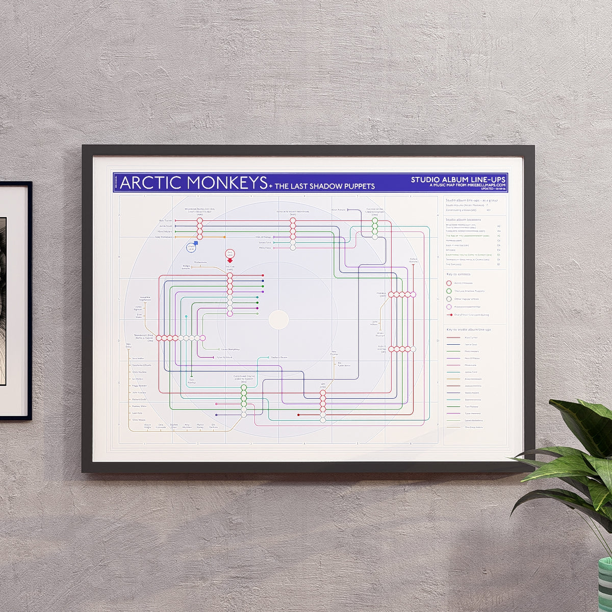 Arctic Monkeys discography tube map in A2 (594 x 420 mm), framed Giclée wall art print in a black wooden frame, designed by Mike Bell.