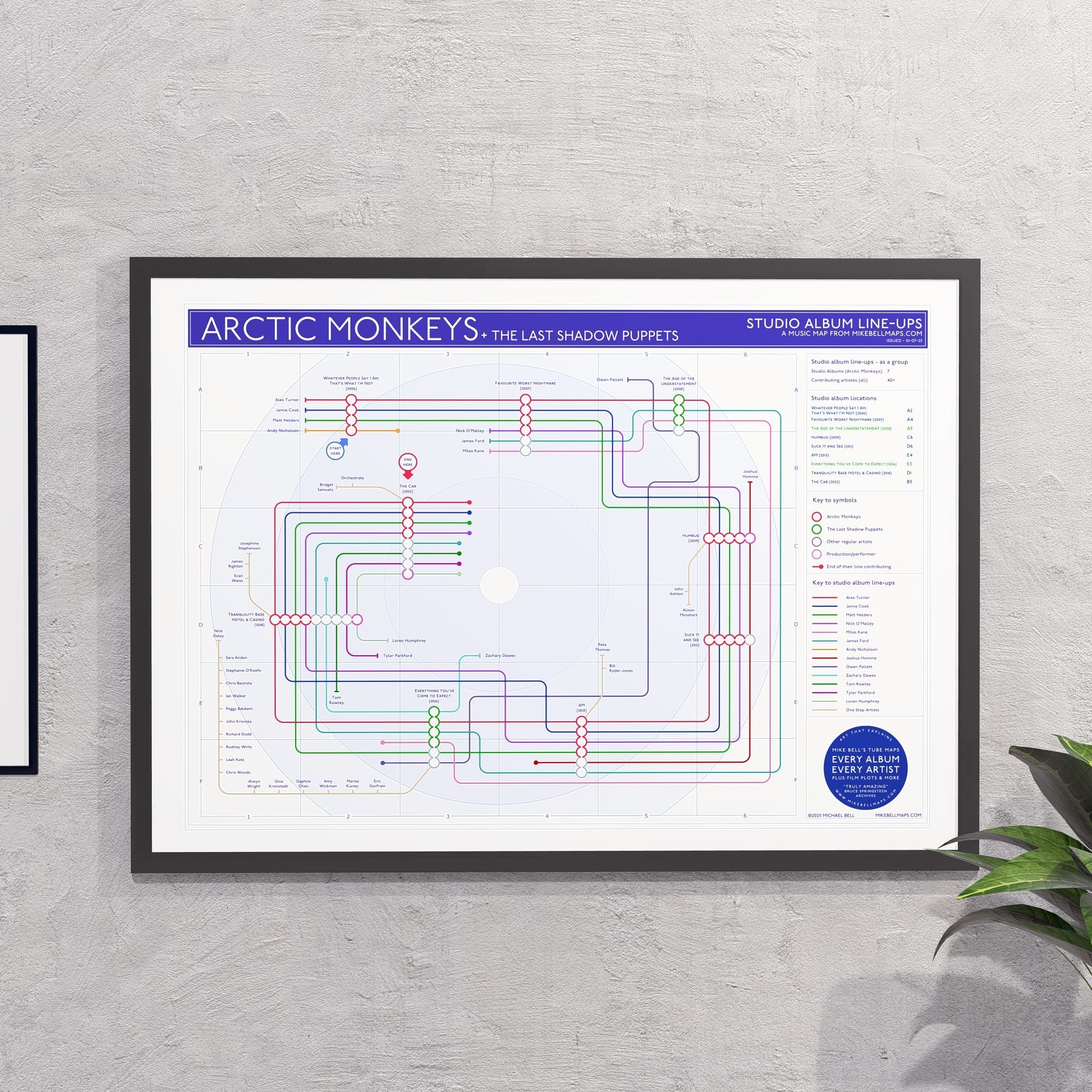 Gift for Arctic Monkeys fans - A2 (420x594mm, 18x24in) framed Giclée discography tube map wall art print, designed by Mike Bell.
