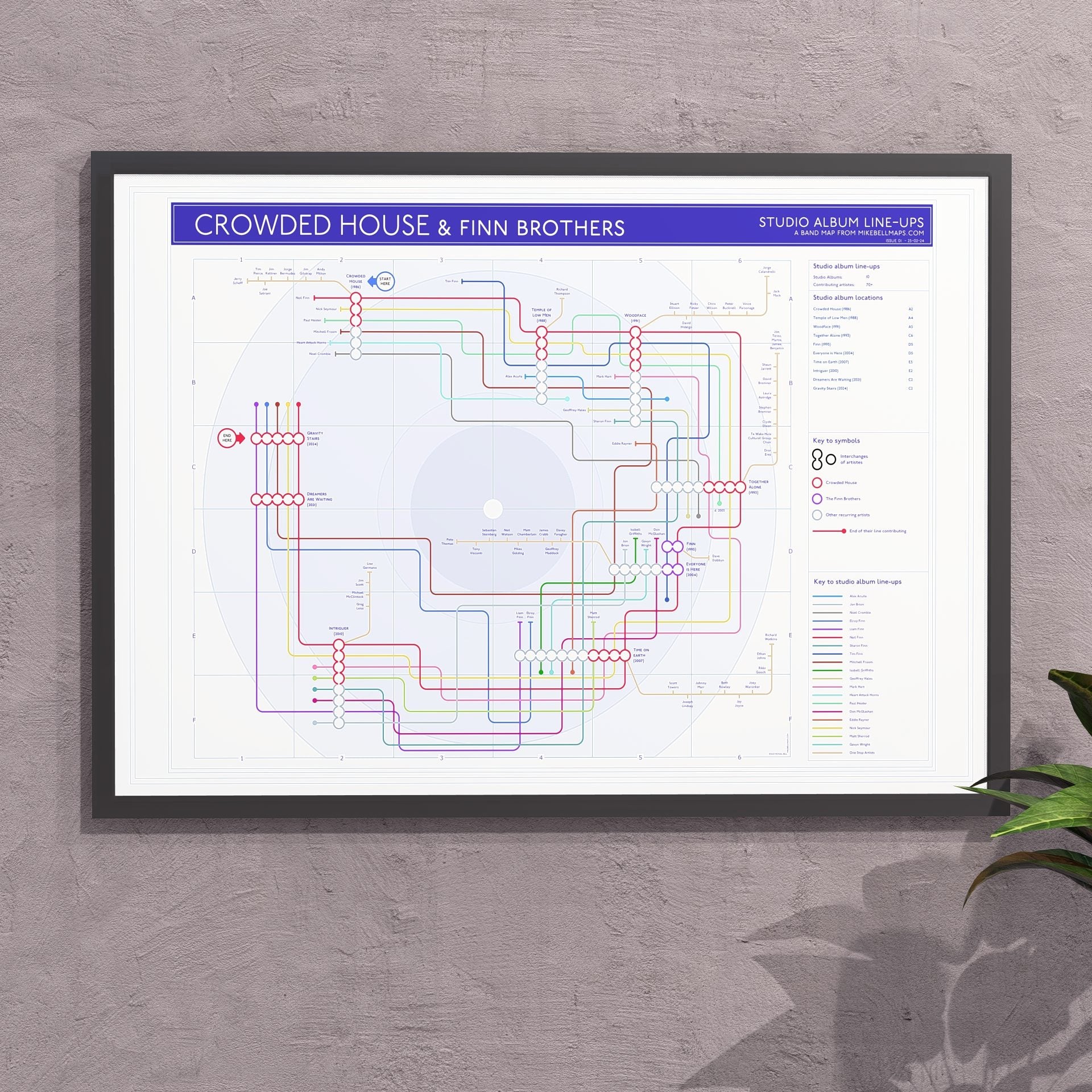 Crowded House discography tube map in A2 (420x594mm, 18x24in), framed Giclée wall art print in a black wooden frame, designed by Mike Bell.