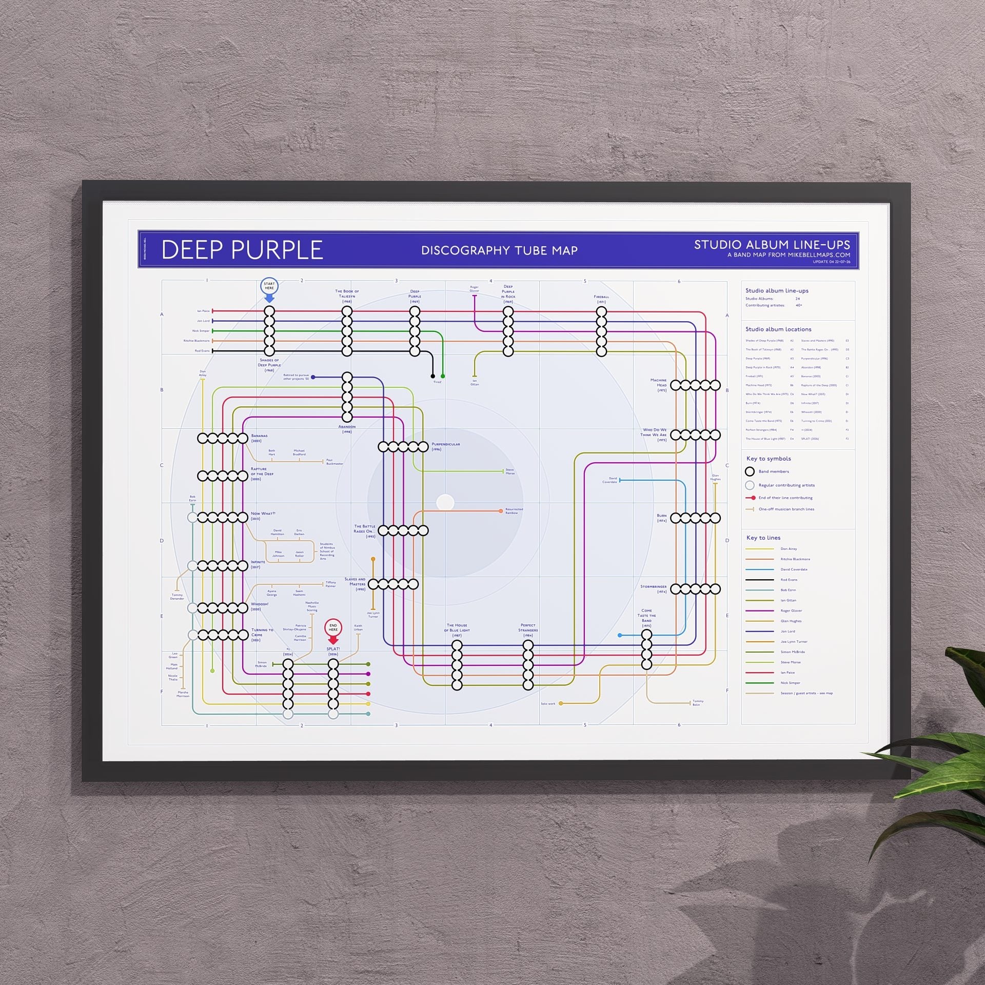 Gift for Deep Purple fans - A2 (420x594mm, 18x24in) framed Giclée discography tube map wall art print, designed by Mike Bell.