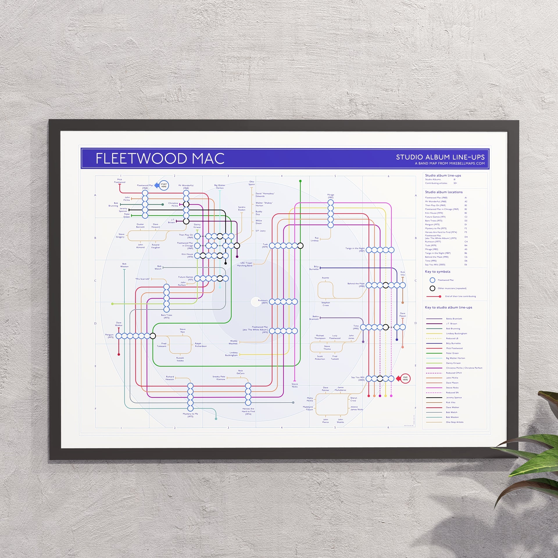 Gift for Fleetwood Mac fans - A2 (420x594mm, 18x24in) framed Giclée discography tube map wall art print, designed by Mike Bell.