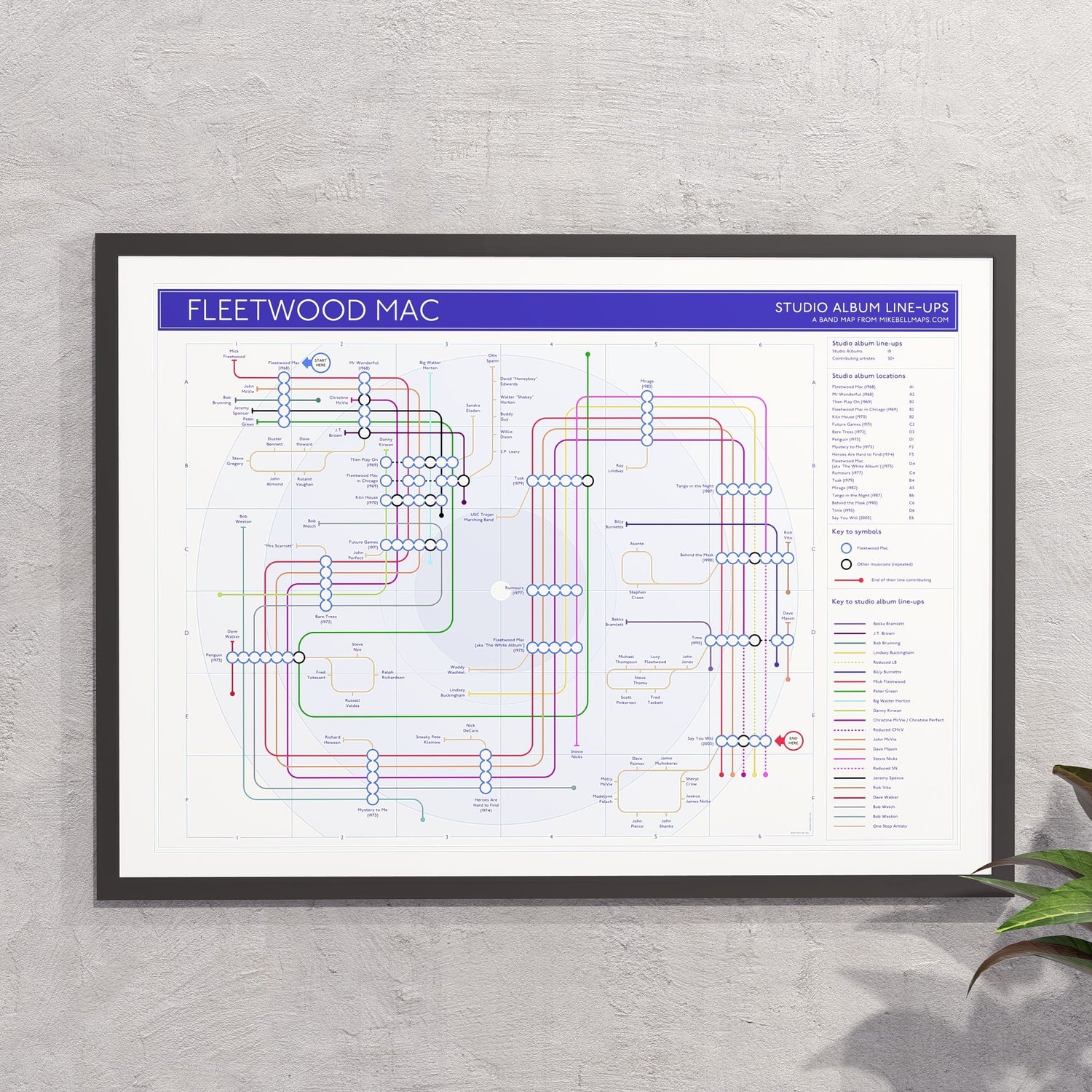 Gift for Fleetwood Mac fans - A2 (420x594mm, 18x24in) framed Giclée discography tube map wall art print, designed by Mike Bell.