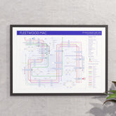 Fleetwood Mac discography tube map in A2 (420x594mm, 18x24in), framed Giclée wall art print in a black wooden frame, designed by Mike Bell.