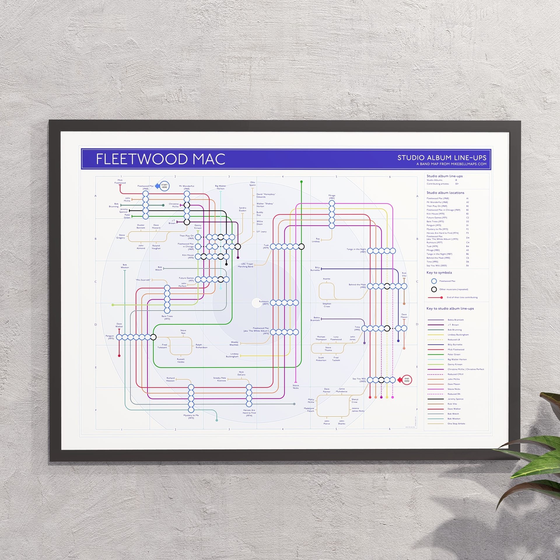 Gift for Fleetwood Mac fans - A2 (420x594mm, 18x24in) framed Giclée discography tube map wall art print, designed by Mike Bell.