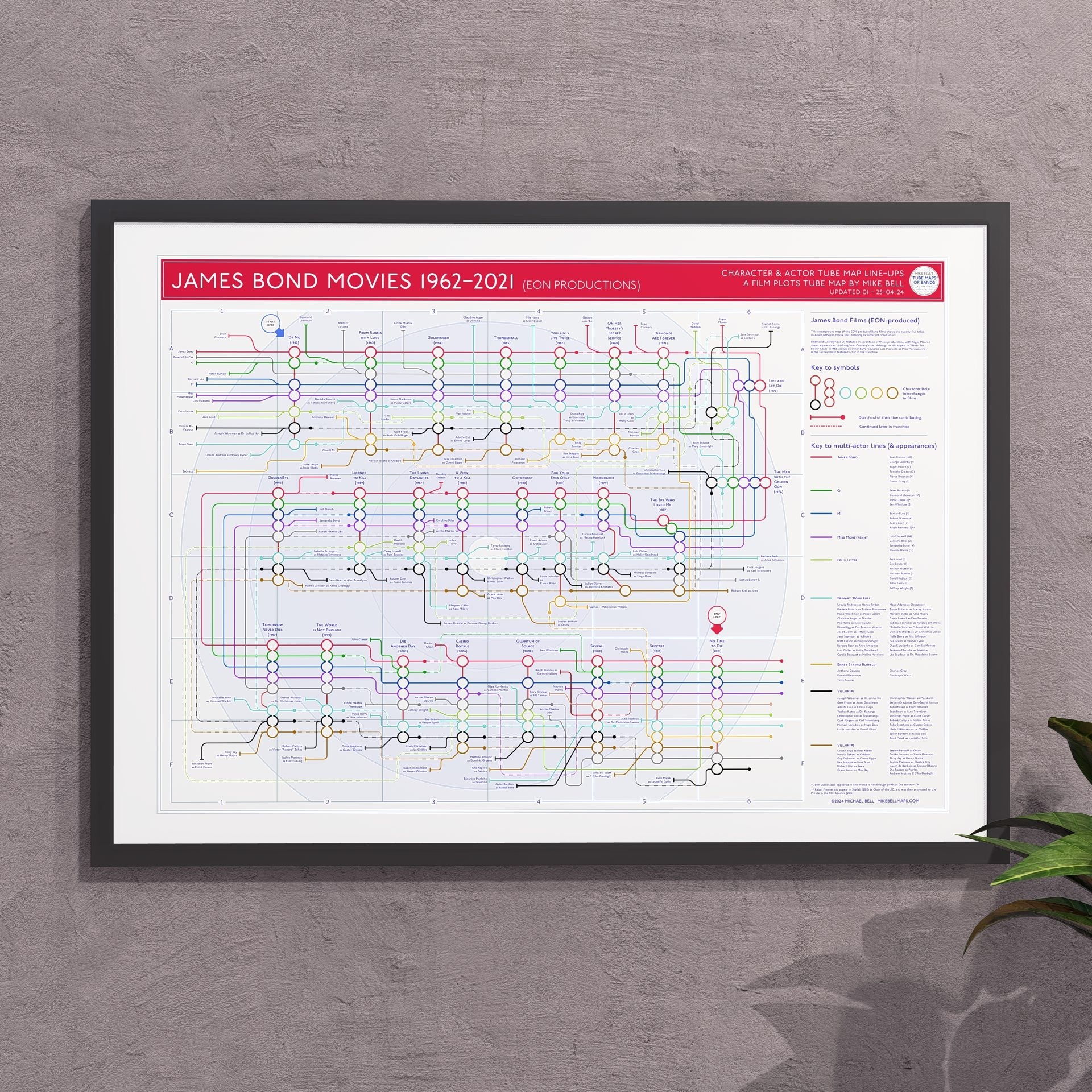 Gift for James Bond fans - A2 (420x594mm, 18x24in) framed Giclée movie map wall art print, designed by Mike Bell.