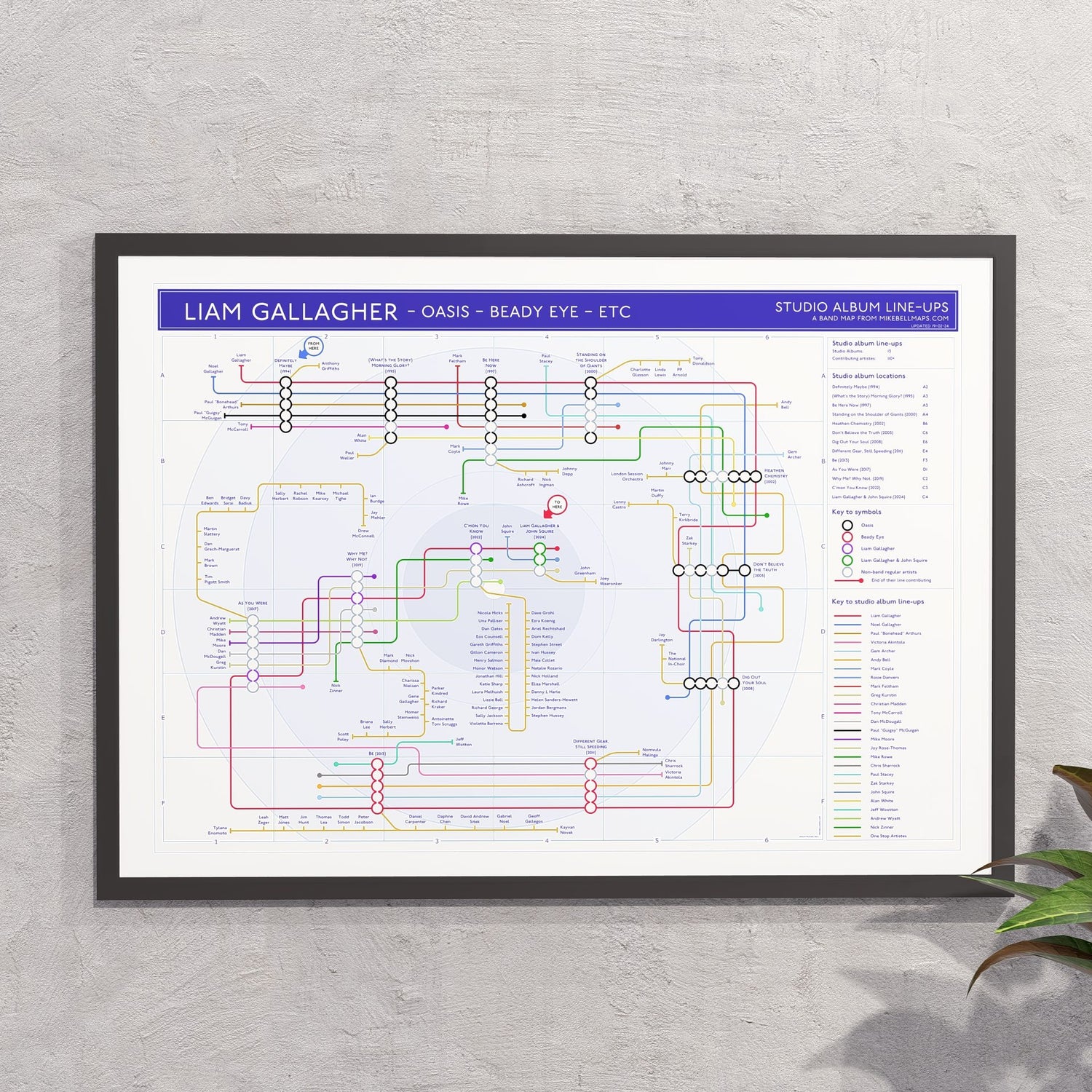 Liam Gallagher discography tube map in A2 (420x594mm, 18x24in), framed Giclée wall art print in a black wooden frame, designed by Mike Bell.