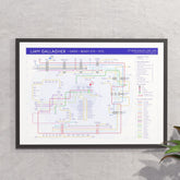Liam Gallagher discography tube map in A2 (420x594mm, 18x24in), framed Giclée wall art print in a black wooden frame, designed by Mike Bell.