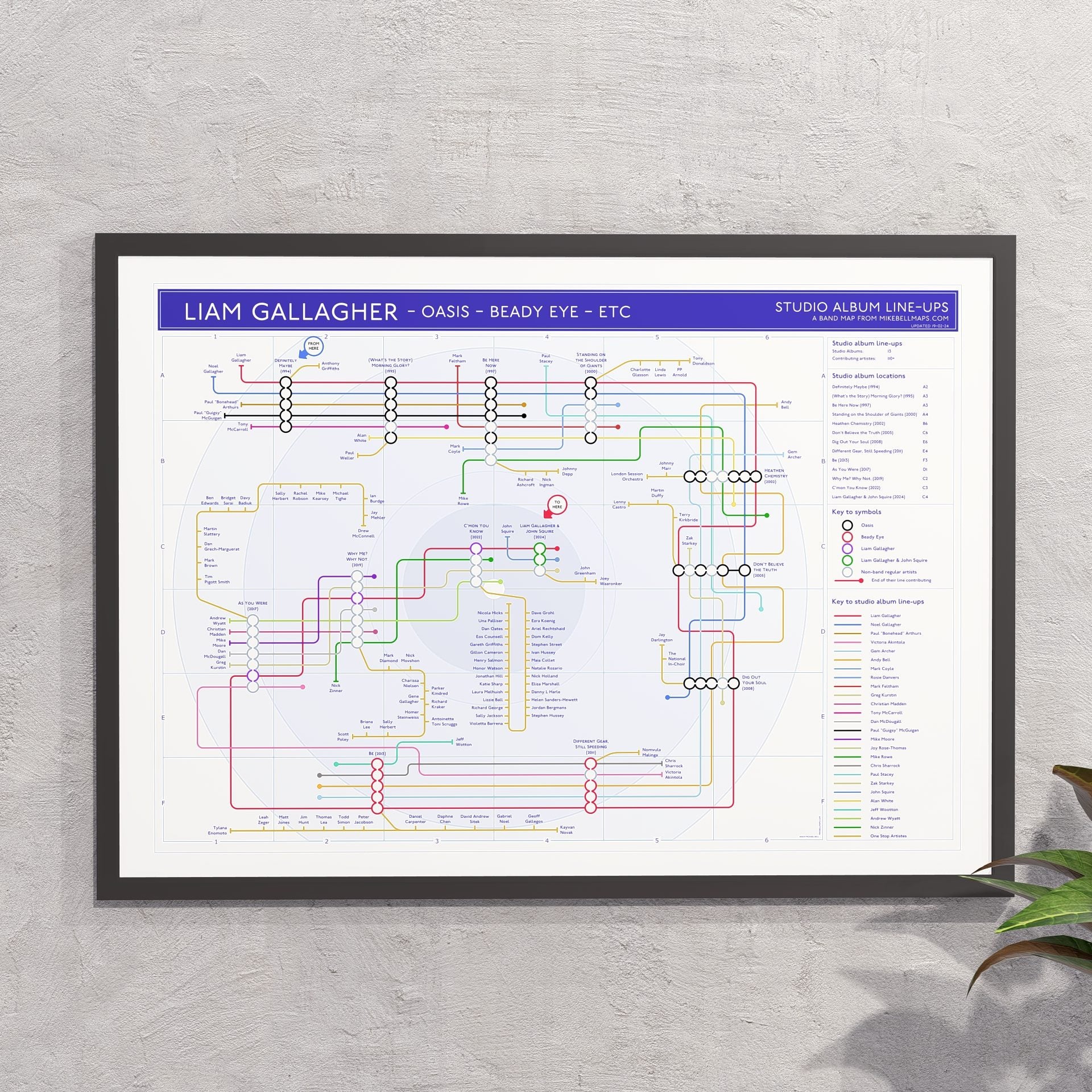 Liam Gallagher discography tube map in A2 (420x594mm, 18x24in), framed Giclée wall art print in a black wooden frame, designed by Mike Bell.