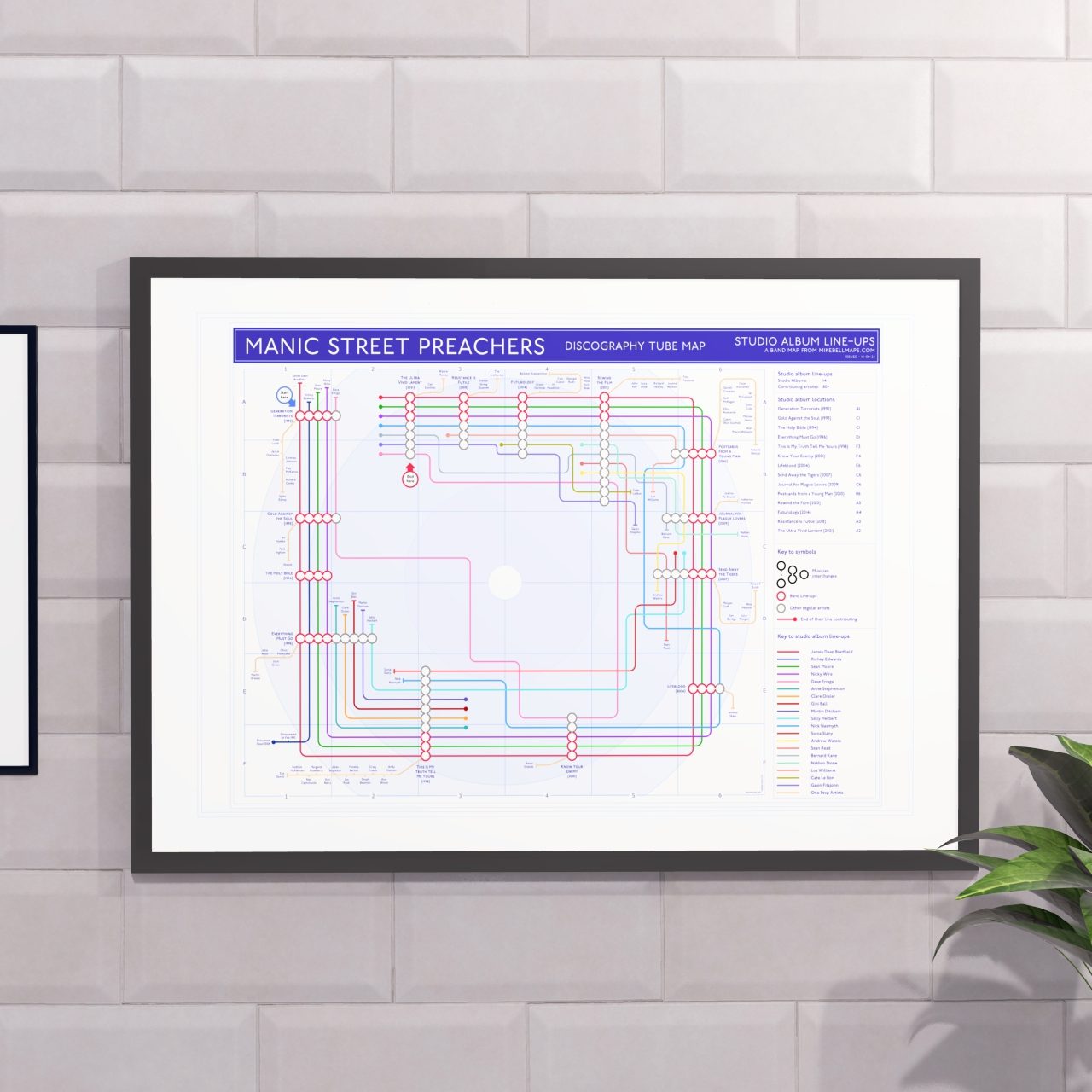 Gift for Manic Street Preachers fans - A2 (420x594mm, 18x24in) framed Giclée discography tube map wall art print, designed by Mike Bell.