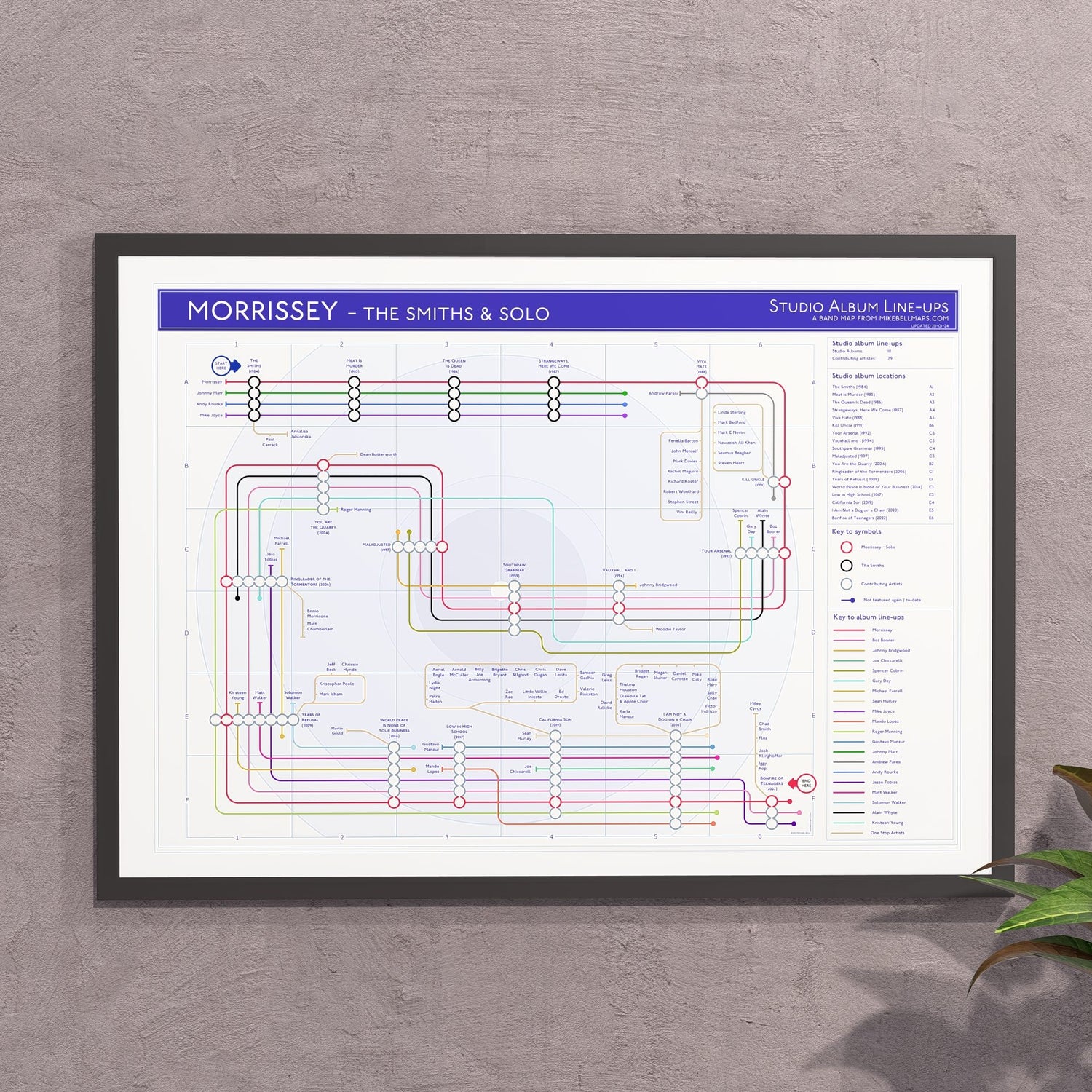 Gift for Morrissey fans - A2 (420x594mm, 18x24in) framed Giclée discography tube map wall art print, designed by Mike Bell.