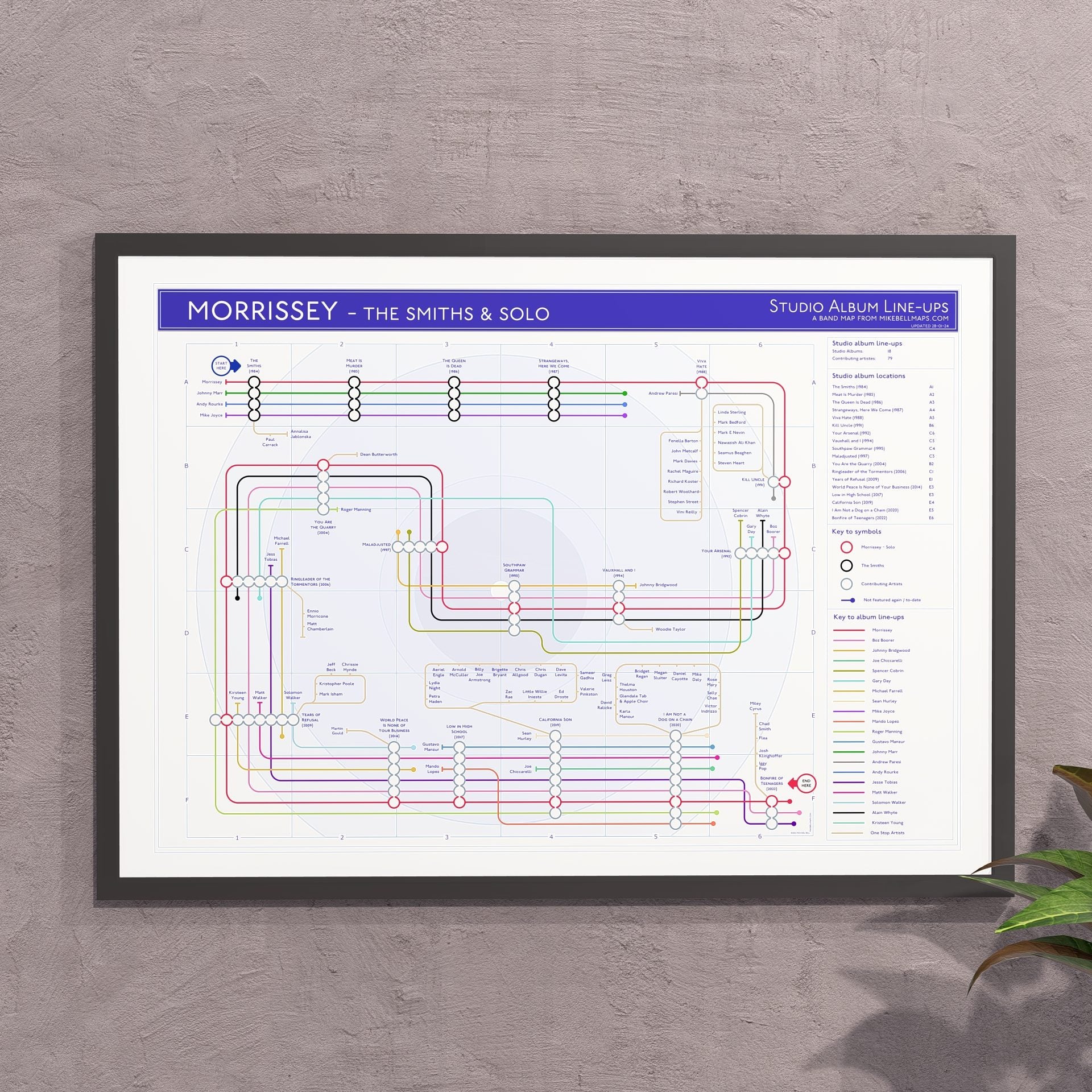 Gift for Morrissey fans - A2 (420x594mm, 18x24in) framed Giclée discography tube map wall art print, designed by Mike Bell.