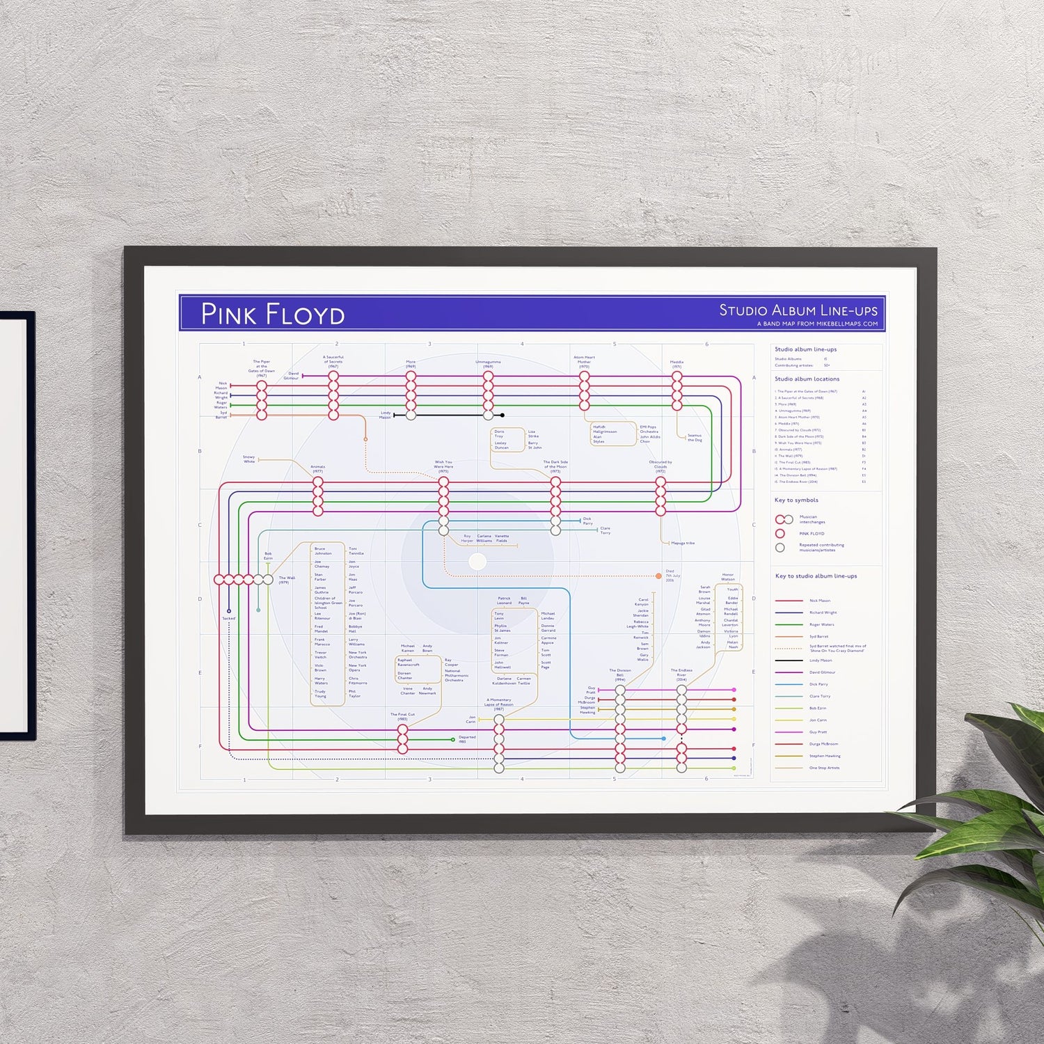 Gift for Pink Floyd fans - A2 (420x594mm, 18x24in) framed Giclée discography tube map wall art print, designed by Mike Bell.