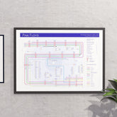 Pink Floyd discography tube map in A2 (420x594mm, 18x24in), framed Giclée wall art print in a black wooden frame, designed by Mike Bell.