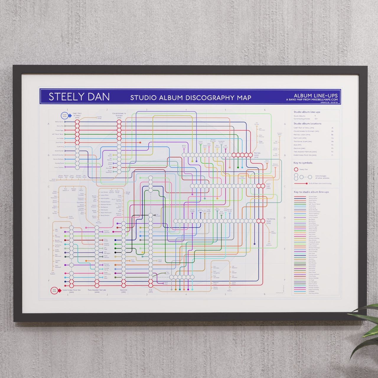 Gift for Steely Dan fans - A2 (420x594mm, 18x24in) framed Giclée discography tube map wall art print, designed by Mike Bell.