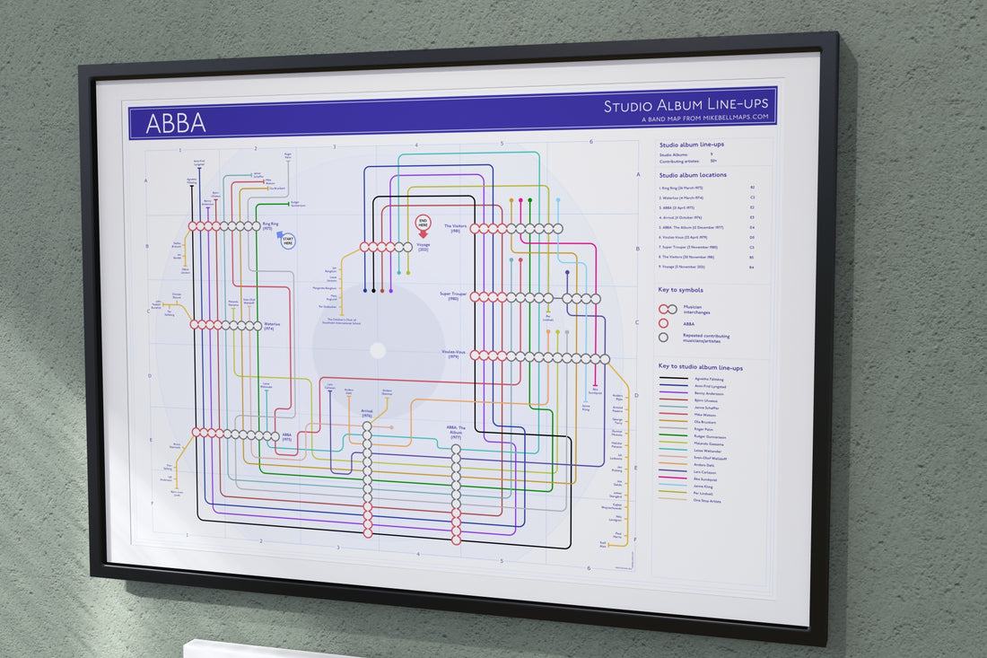 Close-up of ABBA discography tube map print highlighting early albums in chronological order.