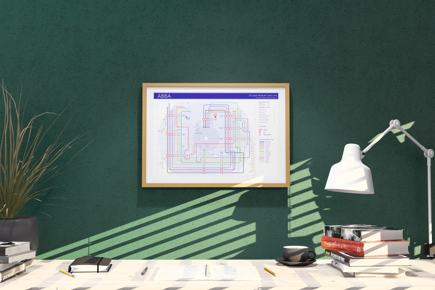 Close-up of ABBA music map print showing every album in release order on tube map layout.