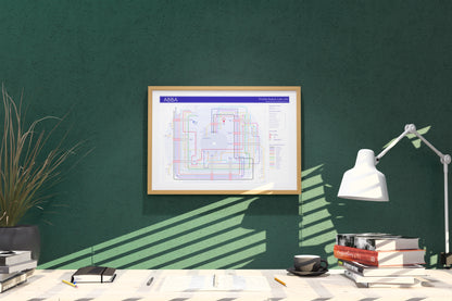 Close-up of ABBA music map print showing every album in release order on tube map layout.